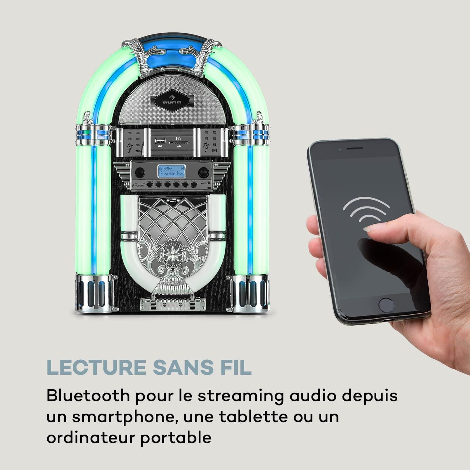 Auna Arizona Jukebox Mini with a smartphone displaying a Bluetooth connection icon.