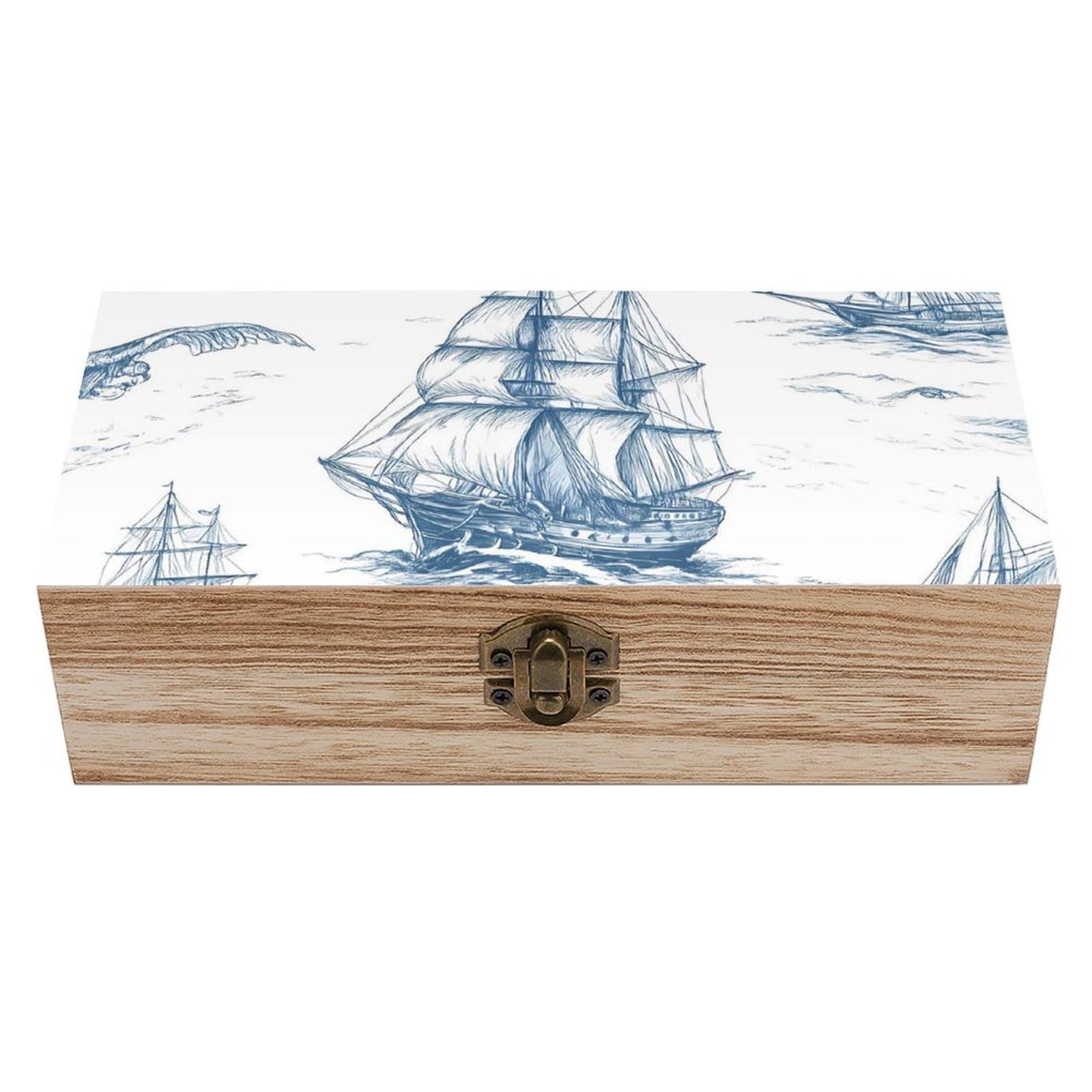 HLBSDM Nautical Sailboat & Compass Retro Wooden Storage Box Jewelry Art Gift Boxs Decorative Keepsake Boxes