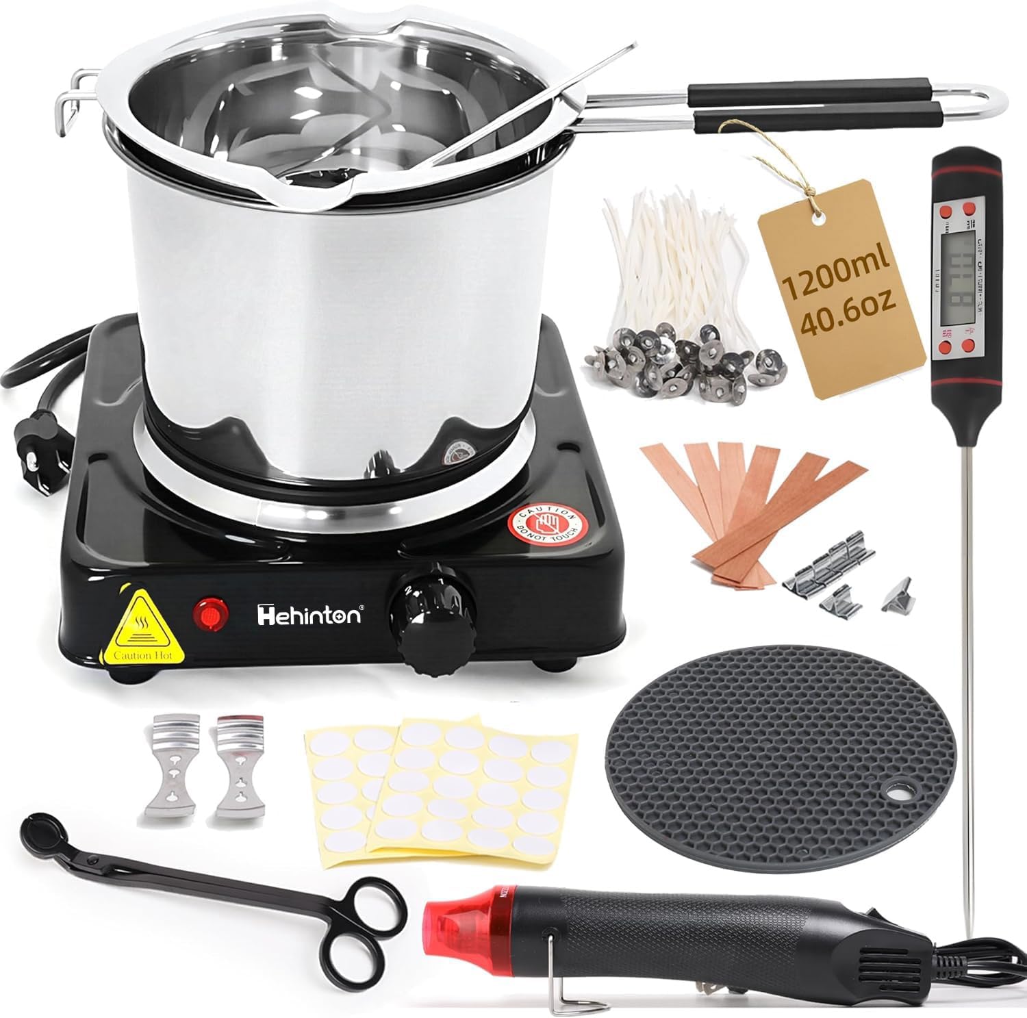 Hehinton Double Boiler Wax Melter 1200ML/40.6OZ, Candle Making Kit Supplies for Adults Beginners, DIY Kit with 1000W Electric Hot Plate, Wick Trimmer, Hot Air Gun, Thermometer, Wick Stickers