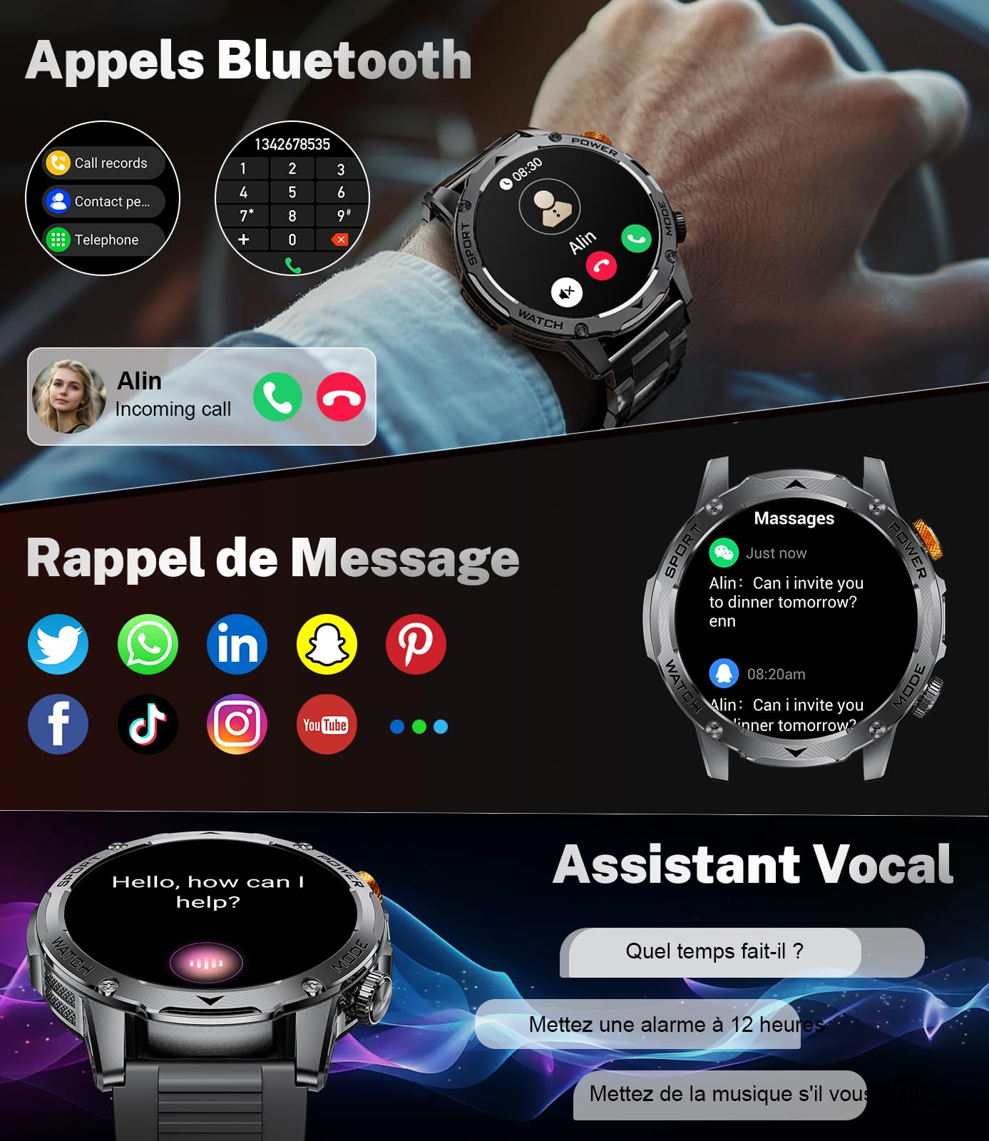 Montre Connectée LIGE Homme - écran 1.75", Batterie 1000mAh, IP68, Appels Bluetooth, 110 Modes Sport