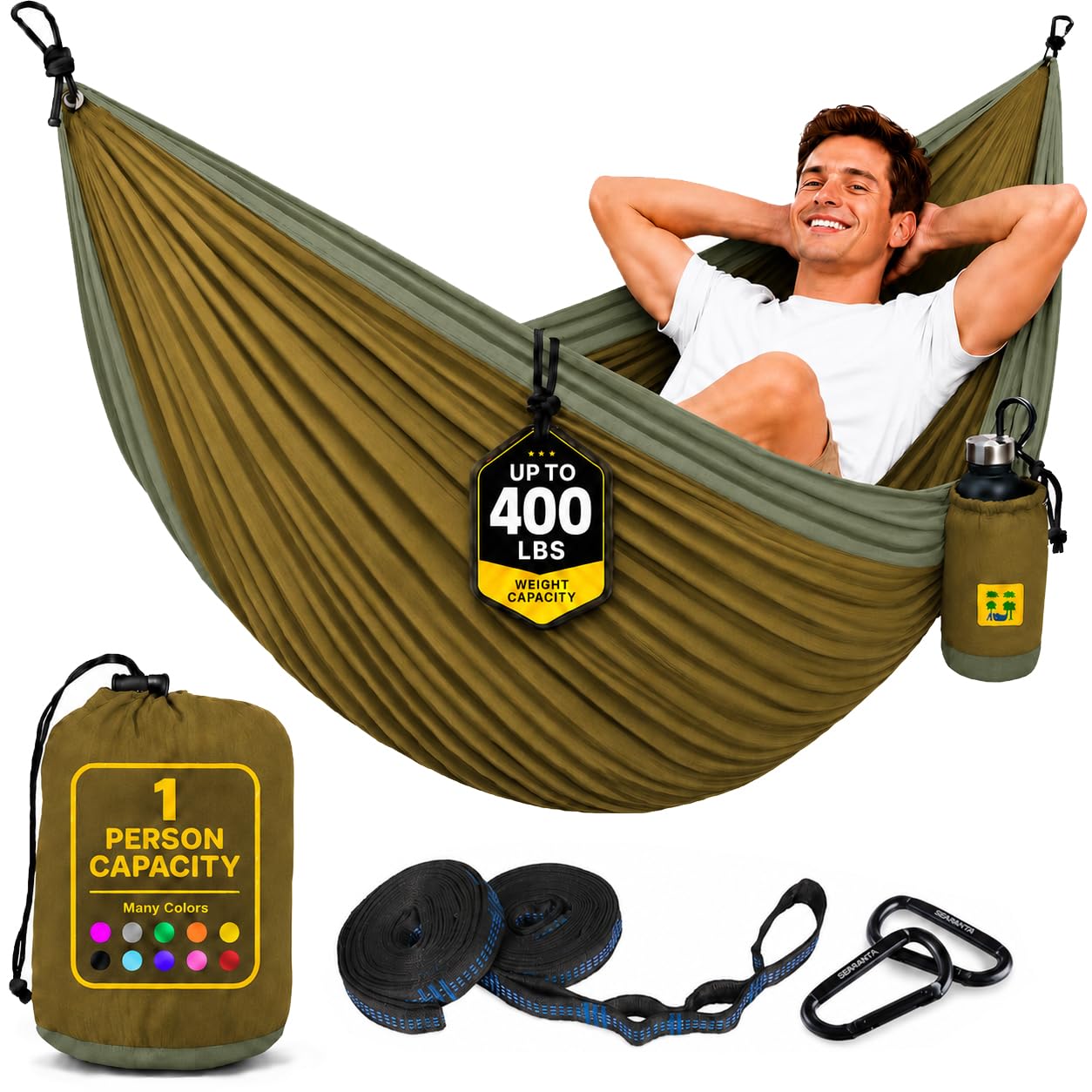 Durable Hammock 400 lb Capacity, Nylon Camping Hammock Chair - Double or Single Sizes w/Tree Straps and Attached Carry Bag - Portable for Travel/Backpacking/Beach/Backyard (Medium, Khaki &amp; Dark Green)
