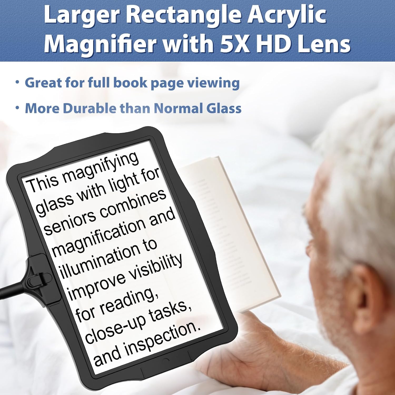 Magnifying Glass w/Light for Seniors Elderly Reading Full Page Diamond Painting, Large Rectangular Lighted Magnifier w/Dimmable LED Desktop Lamp, Hands Free Magnifier for Crafts Arts Sewing Close Work