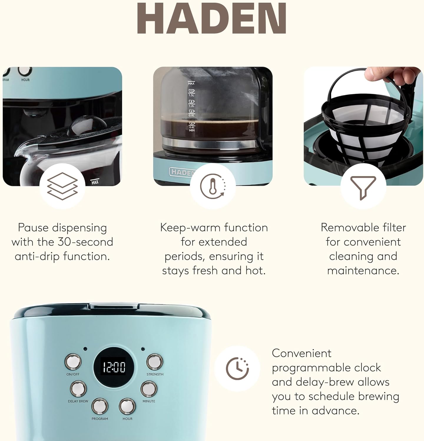 HADEN Heritage 12 Cup Programmable Vintage Retro Home Coffee Maker Machine with Heritage 2 Slice Wide Slot Stainless Steel Bread Toaster, Turquoise