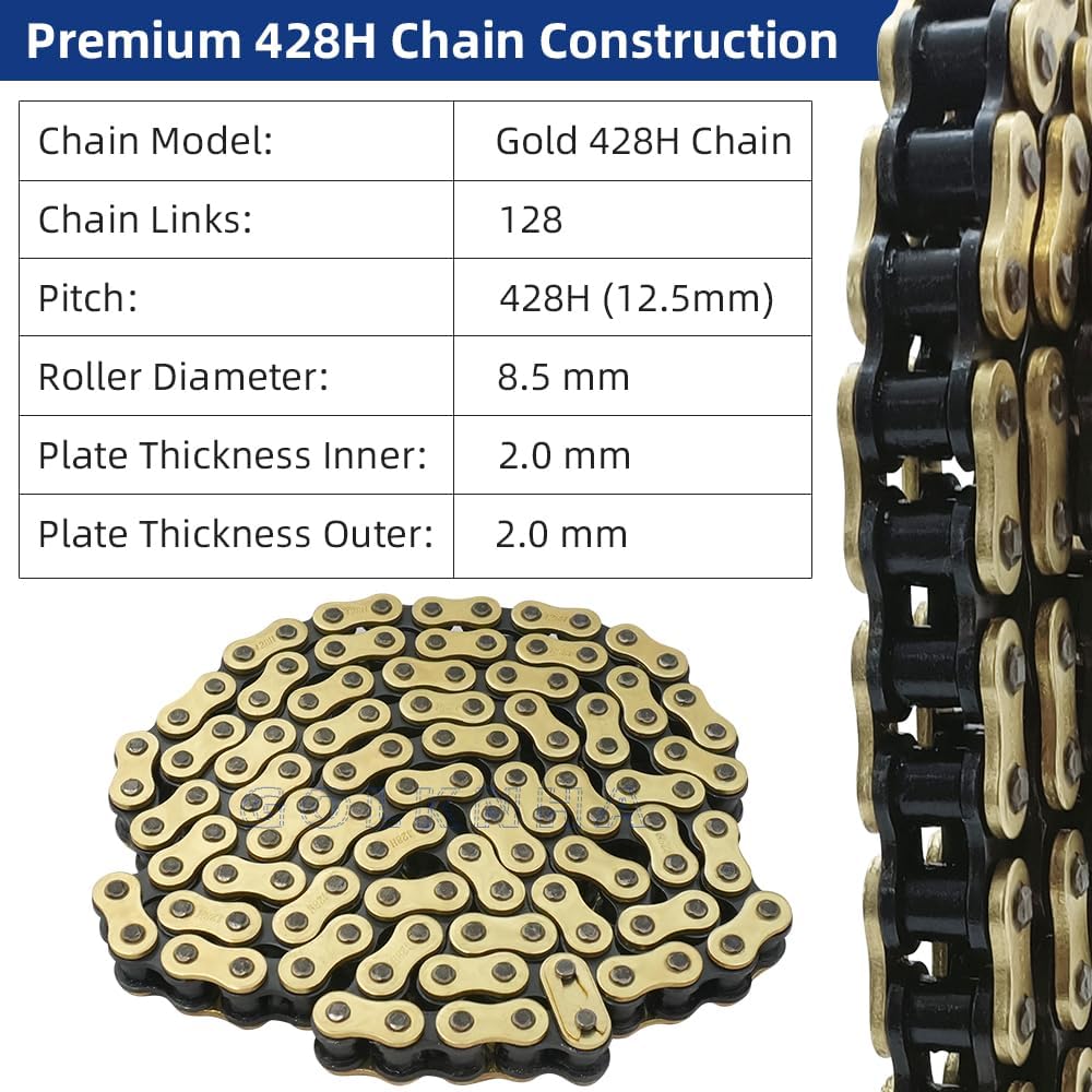 428H Drive Chain 128 Link with 6pcs Connecting Master Link Compatible with Motorcycle ATV Dirt Bike Seamless Small Tub with Chain Breaker