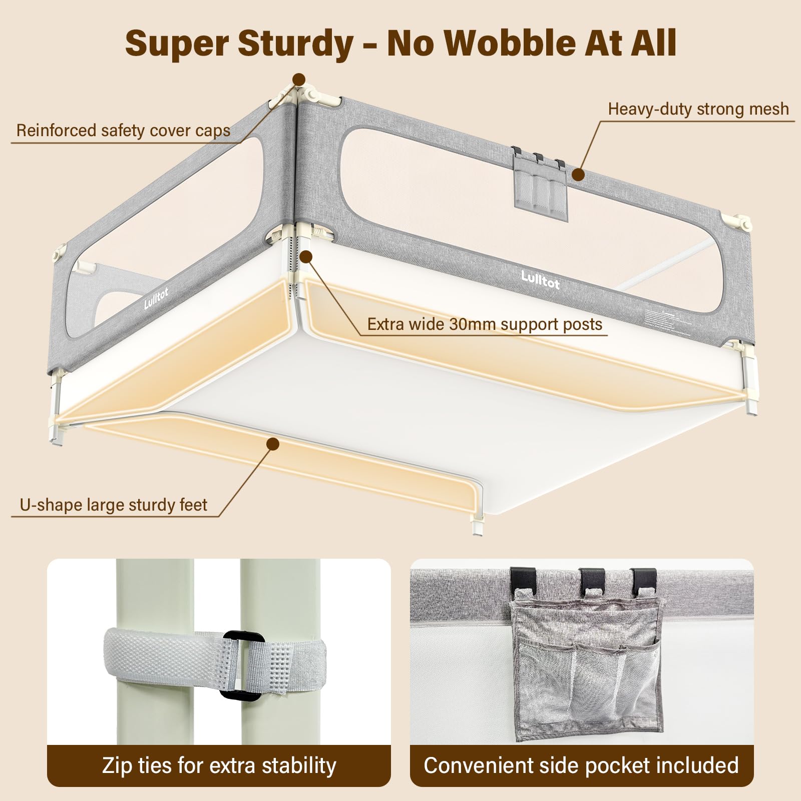 Barrera Seguridad Niños Cama 3 Lados Antiatrapamiento 180x200cm | Varillas en U, Altura Regulable 66–96 cm, con Varillas Sellagrietas, para Camas Boxspring, Niños hasta 5 Años