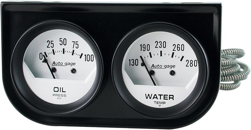 Manômetro mecânico de temperatura de óleo e água AUTO METER 2323 Autogage com mostrador branco e console preto – 1 unidade