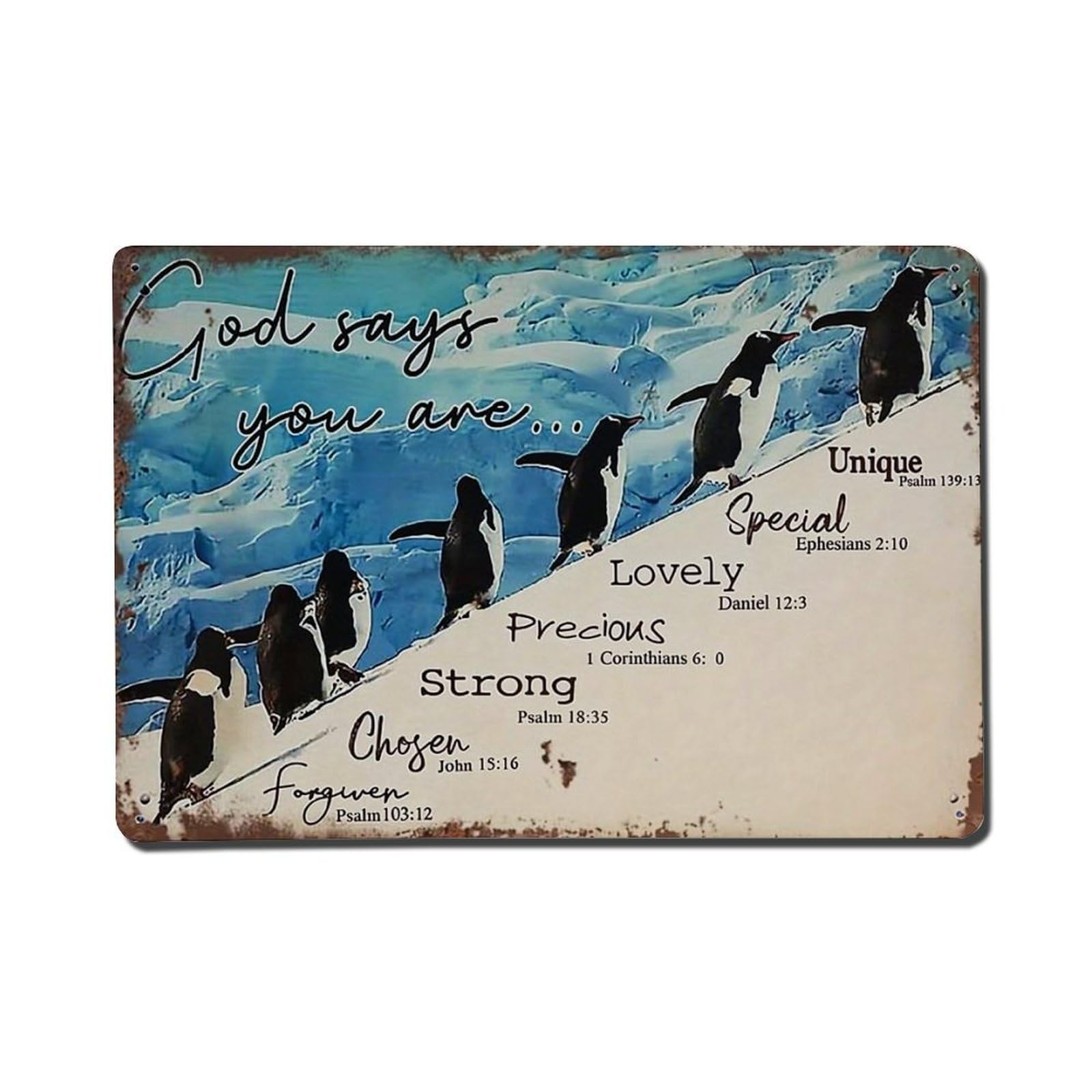 Penguins On Ice Slope With Bible Verses Tin Sign Metal Poster Vintage Metal Signs for Home Man Cave Bar Cafe Kitchen laundry room Wall Decorations Gift 8x12Inch