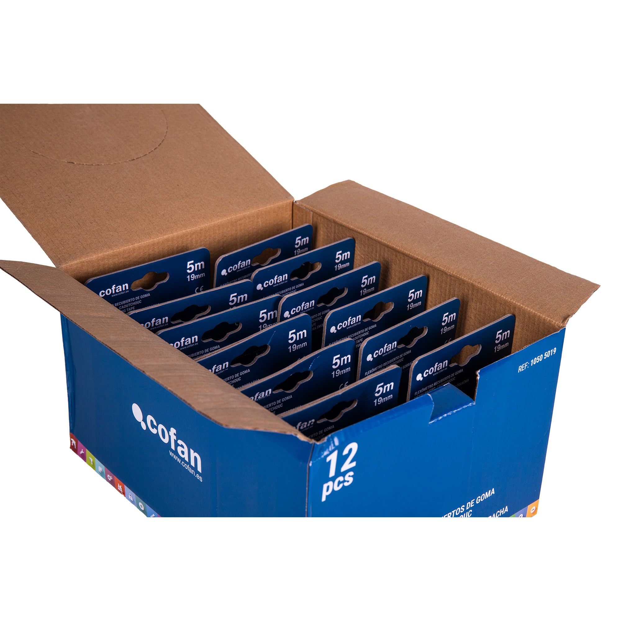 Cofan Espositore per Flexometri con protezione in gomma di Cofan | Include 12 flessometri | Flexometro 3 m x 19 mm o 5 m x 19 mm (foglio) (12, 5 m x 19 mm)