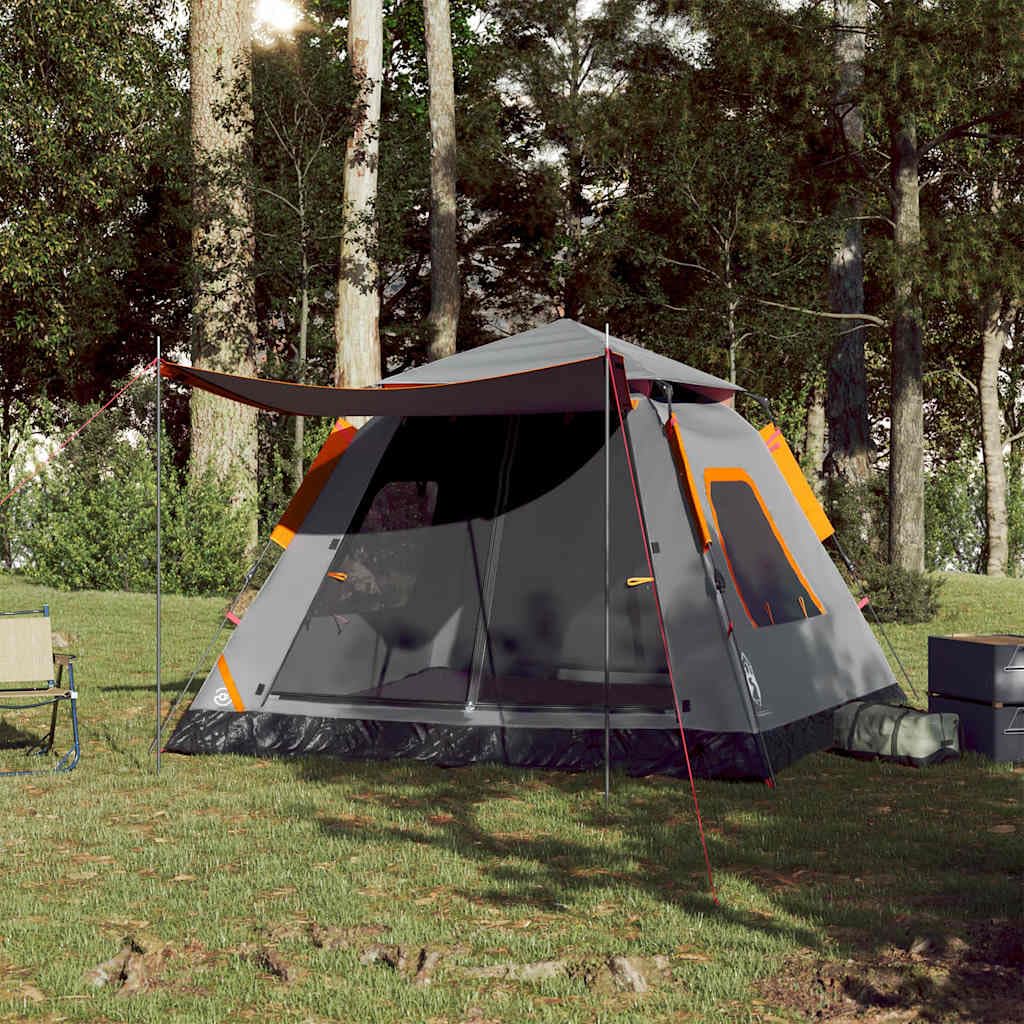 Tenda da campeggio a cupola per persone grigio e arancione con sistema di sgancio rapido, tenda impermeabile per esterni con aste, leggera, antivento, compatta per escursioni, trekking