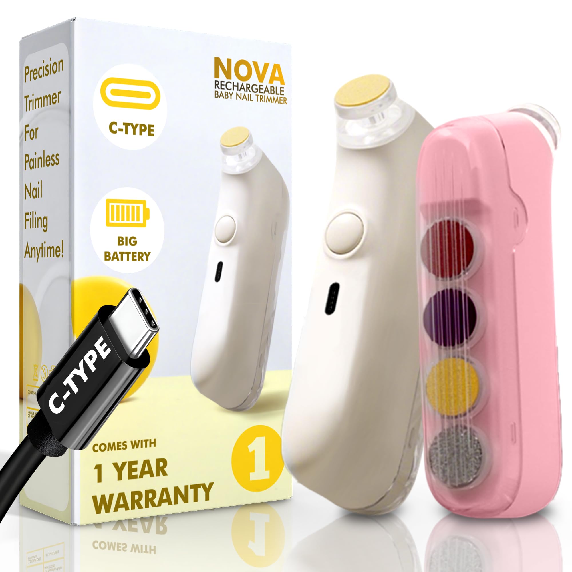 Baby Nail Trimmer rechargable | New Born Essentials | Baby Nail Cutter New Born 0-12 Months | 5 Filer Heads Adjustment |1 Year Warranty |, Pink, White, 1 Count-image-22