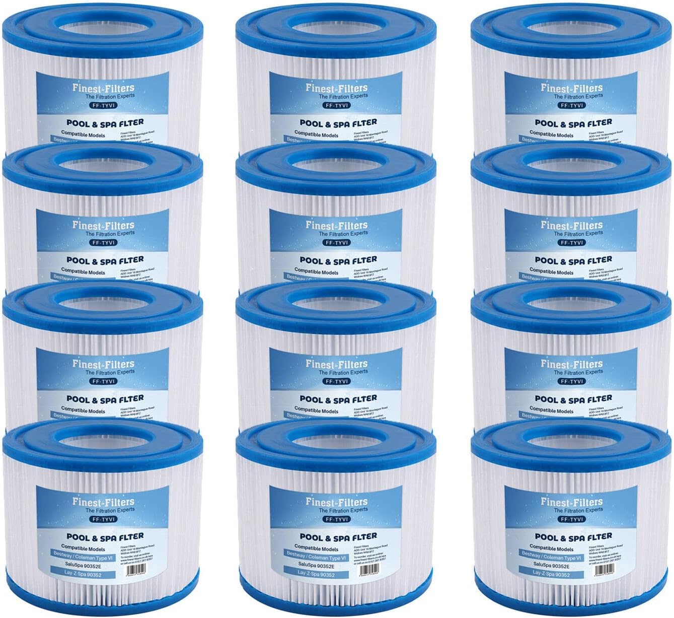 Finest-Filters Hot Tub Spa Water Filter Cartridges Compatible For Lay-Z-Spa, SaluSpa 90352E, Intex Type VI, Bestway (12 Pack of Replacement Hot Tub Water Filter Cartridges)