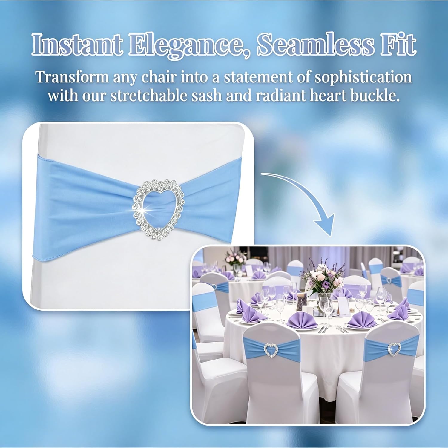 150PCS Spandex Stretch Chair Sashes with Buckle Slider, Elastic Chair Cover Bands Bows for Wedding Party Reception Events Universal Ceremony Banquet Decorations (Sky Blue)