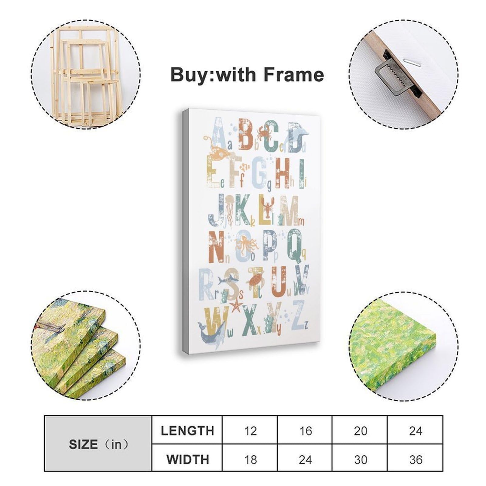 Poster sur toile avec motifs de l'alphabet de A à Z - Thème éducatif - Décoration de chambre à coucher, bureau, chambre - Cadeau - 40 x 60 cm