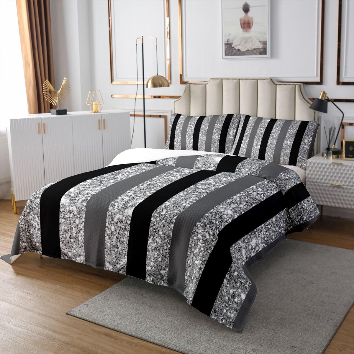 Loussiesd Set copriletto trapuntato grigio e nero a righe per letto singolo per bambini ragazzi ragazze copriletto glitterato per tutte le stagioni con 1 federa geometrica in microfibra moderna a