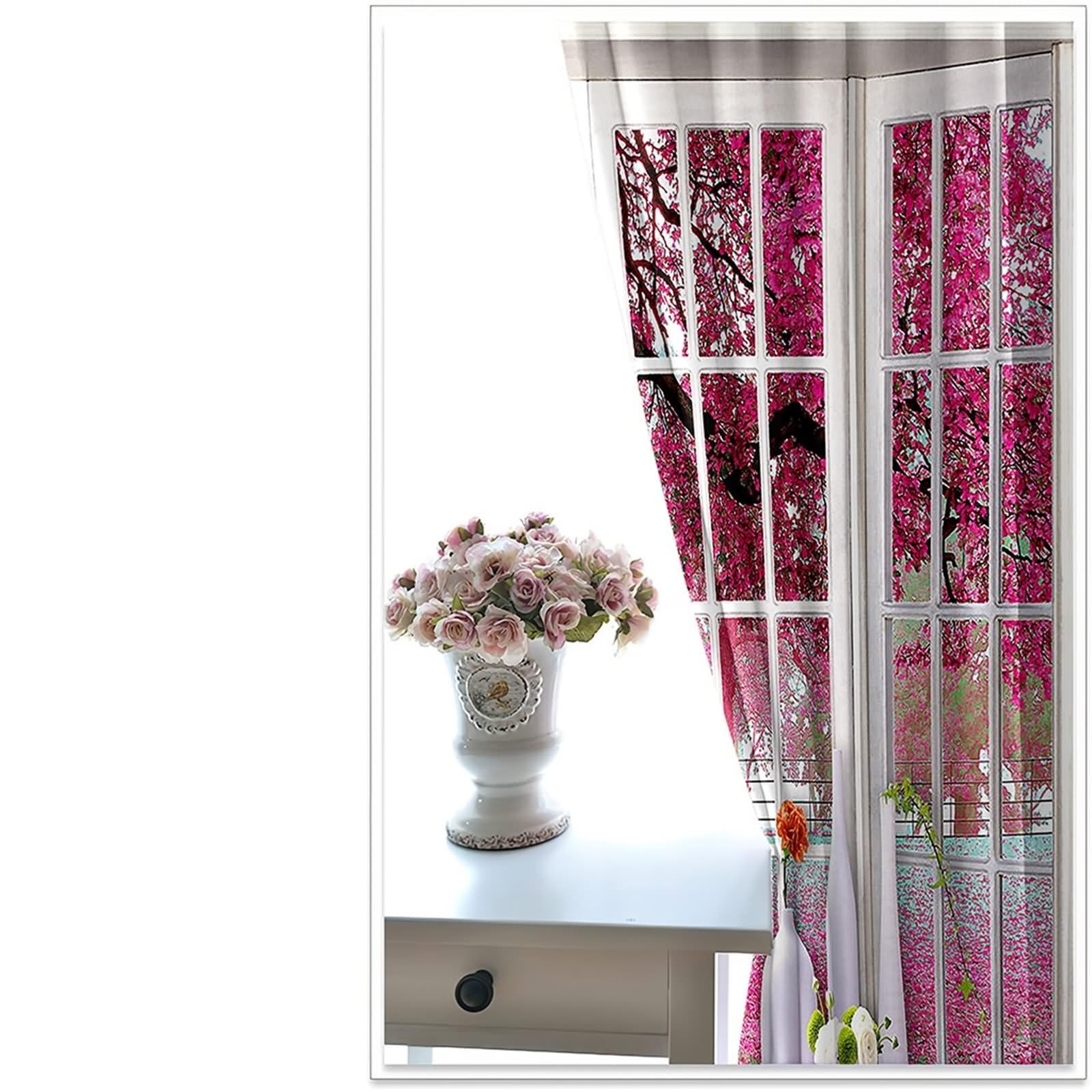 Zasłona okienna zaciemniająca, białe różowe zasłony okienne poliester kwiaty wiśni 2 panele 428 x 214 cm