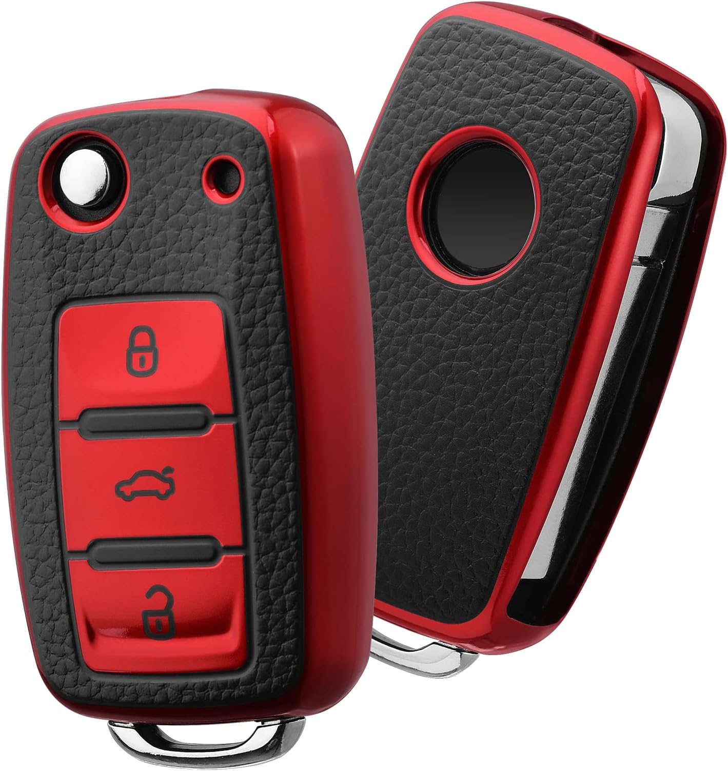 for VW Key Fob Cover, Premium Soft TPU 361 Degree Full Protection for VW Volkswagen Jetta Beetle Tiguan Passat Golf MK6 Polo 3 Buttons(Leather Red)