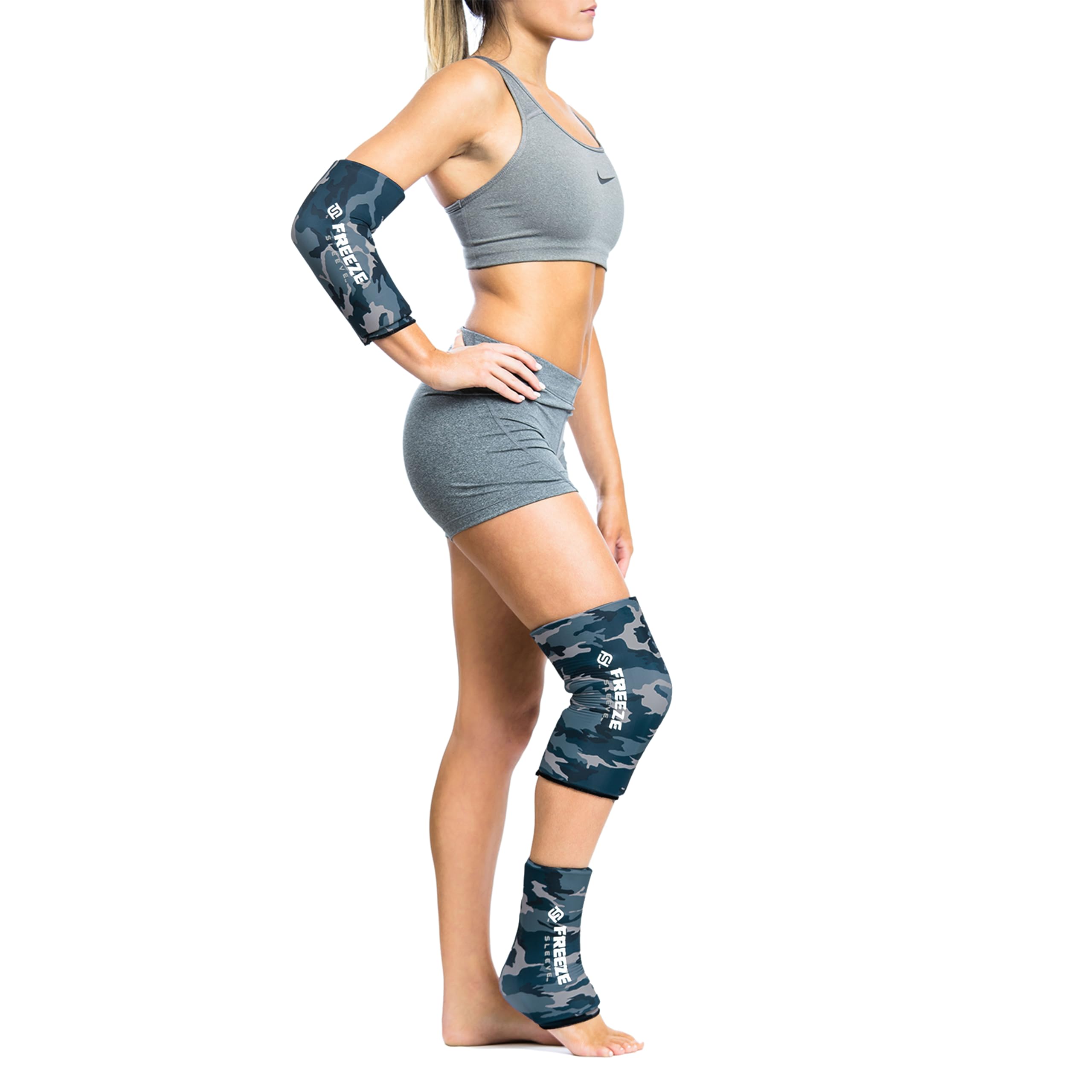FreezeSleeve Wärme- und Eistherapie-Manschette, wiederverwendbar, flexibel, Warm-/Kaltgel-Pack, 360-Grad-Abdeckung für Knie, Ellenbogen, Knöchel, Handgelenk, Blaue Tarnung, Groß