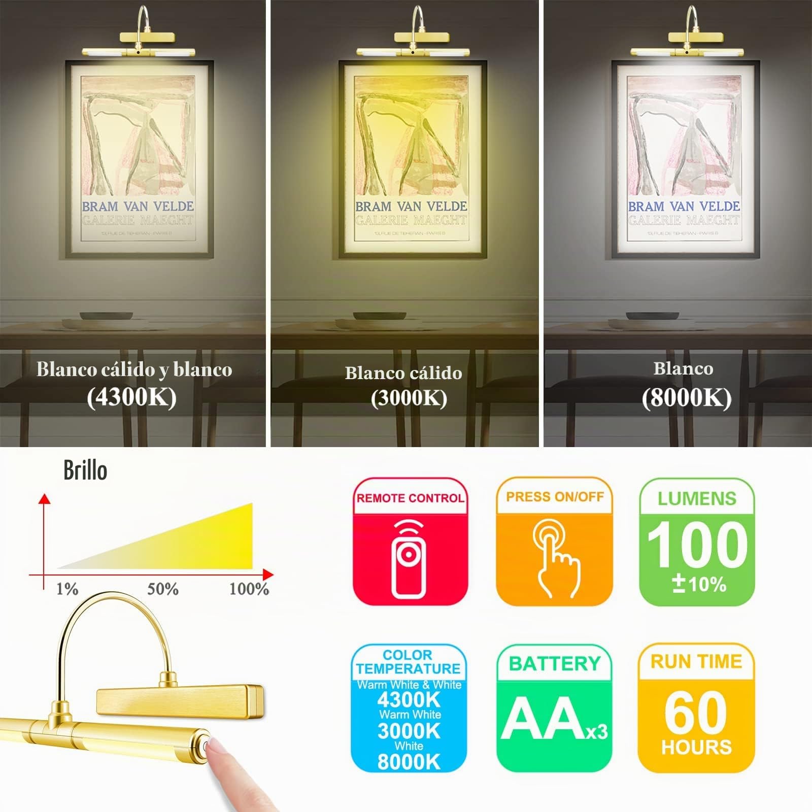 BIGLIGHT Aplique Pared Baño, Luz de Pintar con Mando a Distancia, Brazo Oscilante Regulable de 180°, Marco para Interior, Pantalla LED para Cuadros y Obras de Arte - ORO