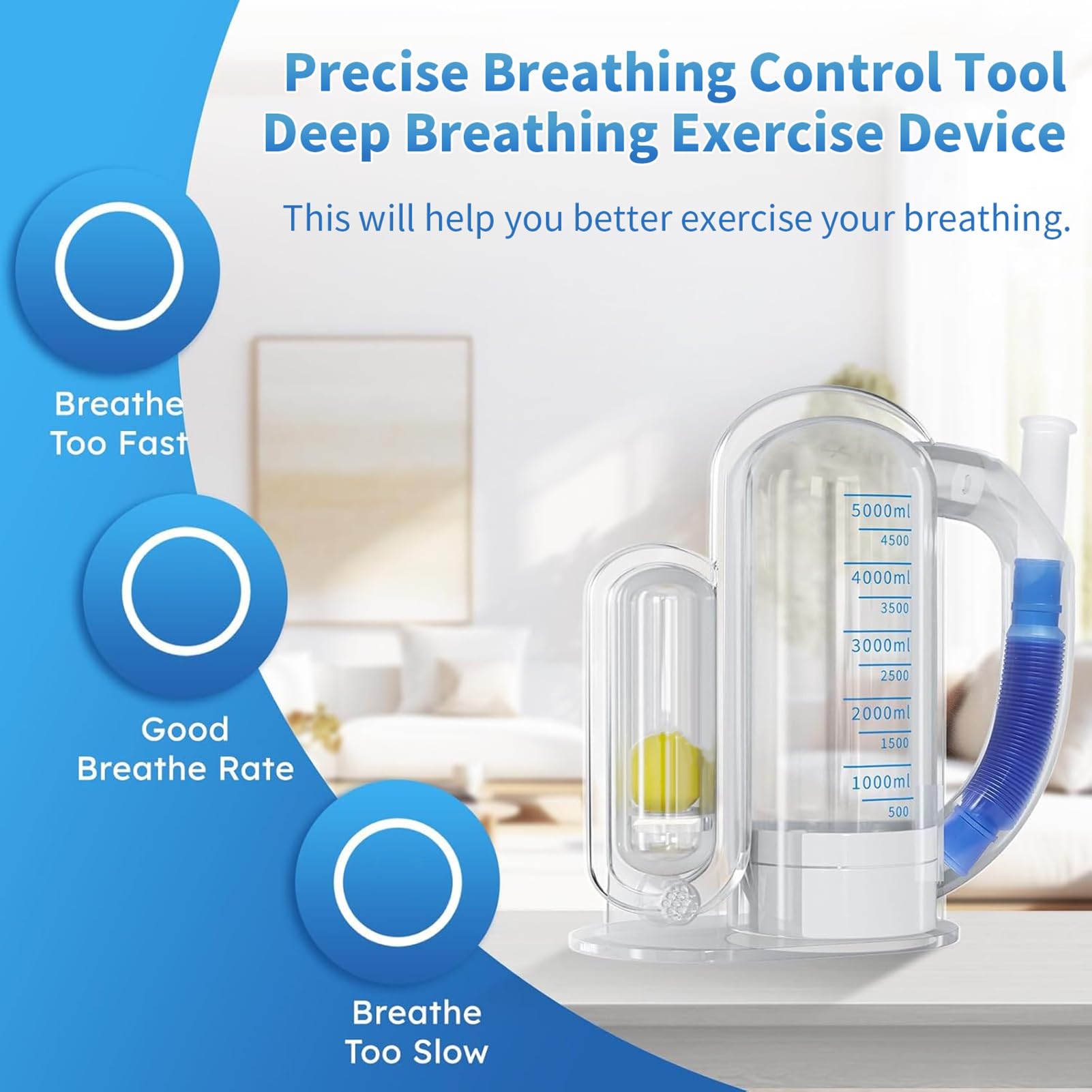 Appareil de renforcement respiratoire Spiromètre d'incitation à l'exercice respiratoire 5000 ml Mesure du volume avec indicateur de débit Entraîneur profond pour étudiants Blanc
