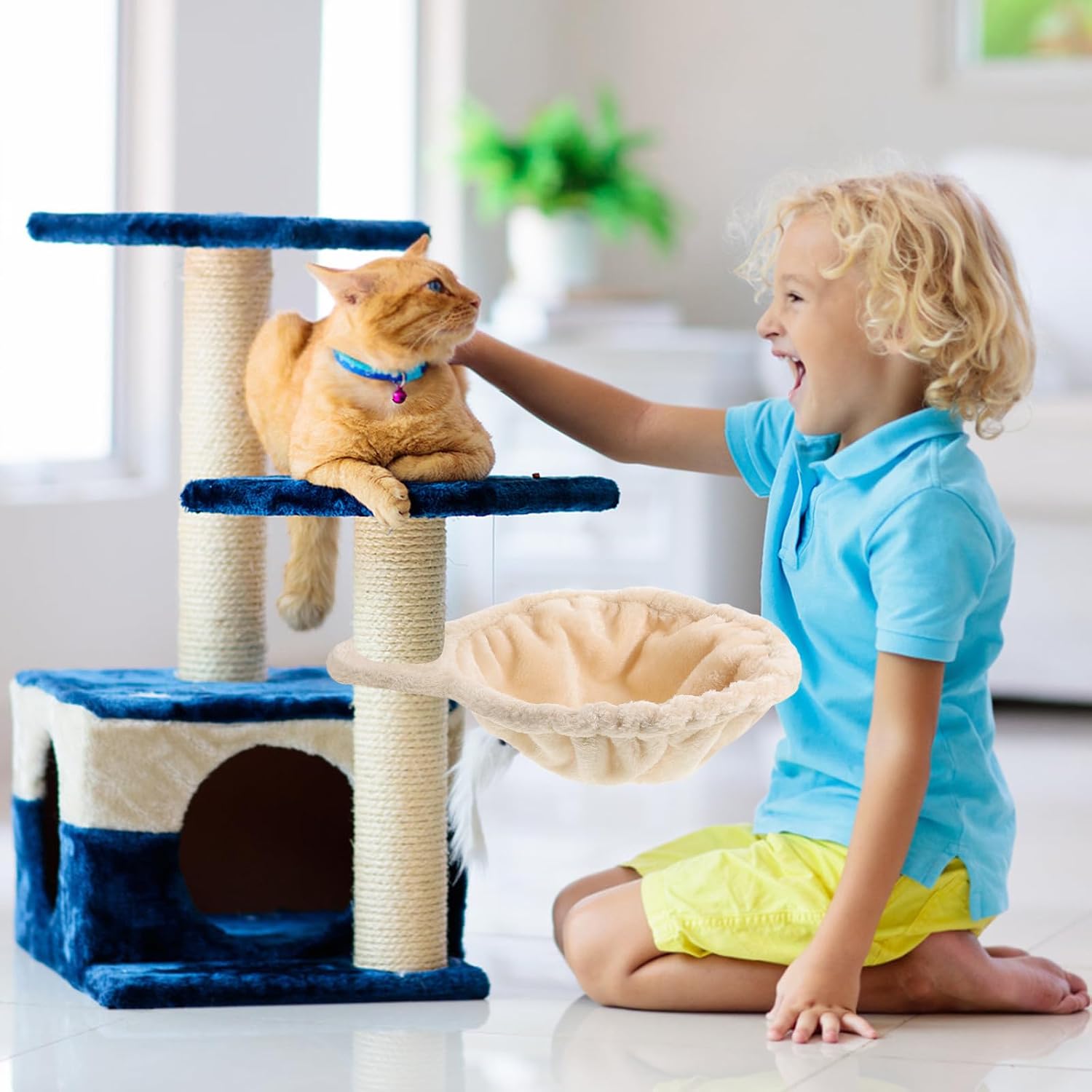 Cat Suspension Bed Replacement for Cat Tree, Beige Plush Hammock 33cm | Steel Ring Included, Lightweight Build, for Kitten Cages and Small Pets