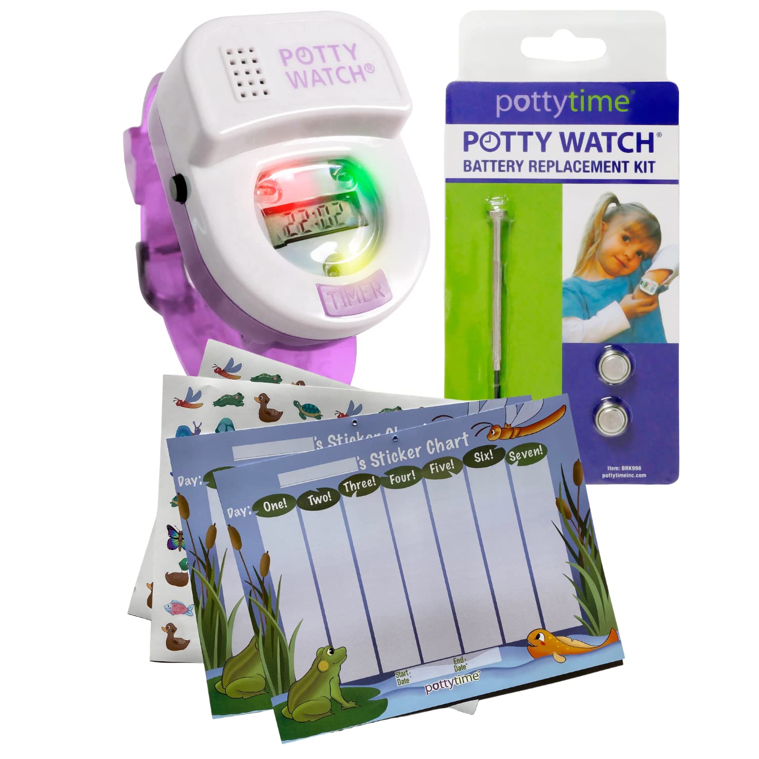 Potty Time:The Original Potty Watch|Water Resistant,Toilet Training Aid,Warranty(30|60|90 Min Auto Timers w/Music & Flashing Lights for Fun & Gentle Reminders)Purple, Pond Sticker Chart & Battery Kit