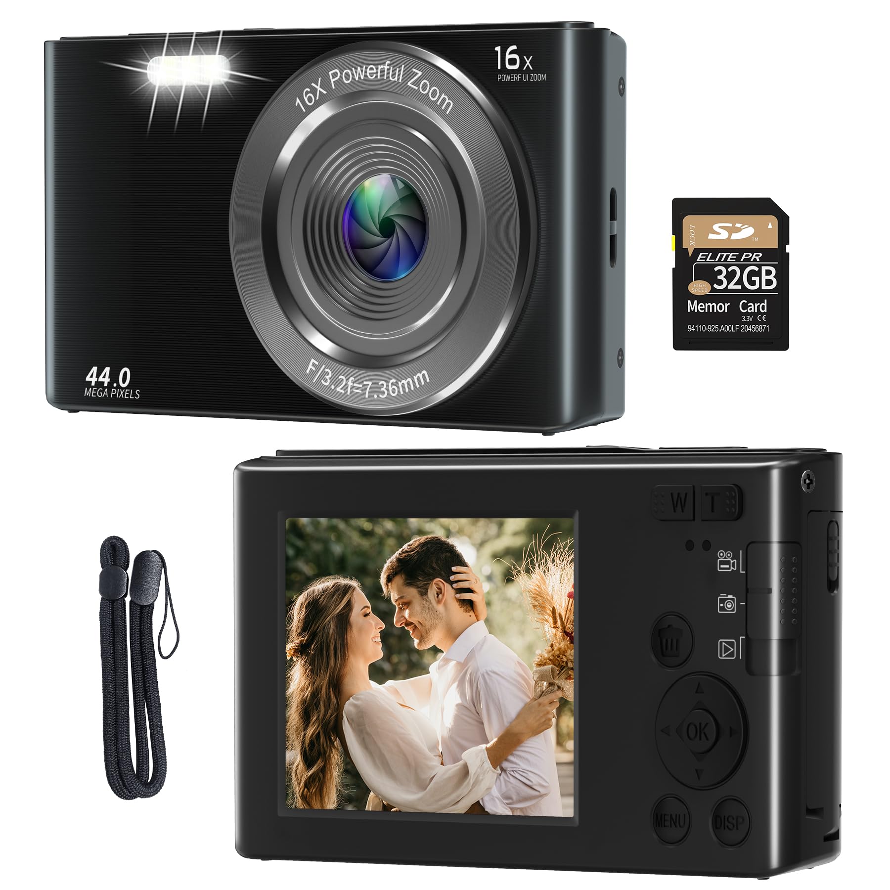 1080P Digital Camera for Photography with 2.4'' Screen, 44MP Vlogging Cameras for YouTube Compact Camera with 16X Digital Zoom 32GB SD Card, 2 Batteries for Travel