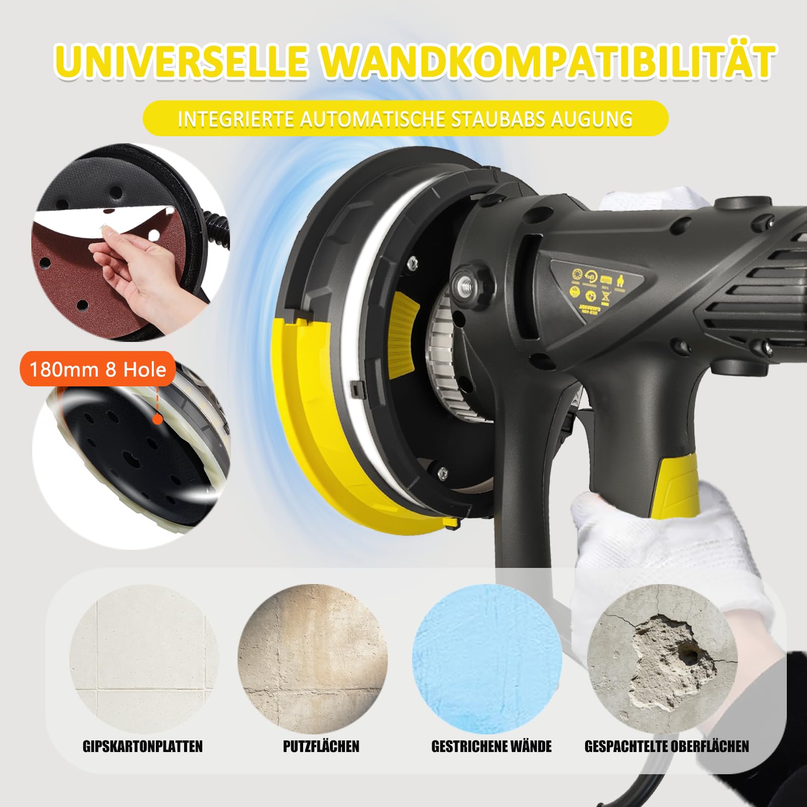 Elektrischer Trockenbauschleifer, Wandschleifer 710W mit Staubabsaugung mit LED-Licht, 360° Schleifteller, 180mm Schleifteller, 1200-2700RPM Variable Geschwindigkeit, 10 Stück Schleifscheibn