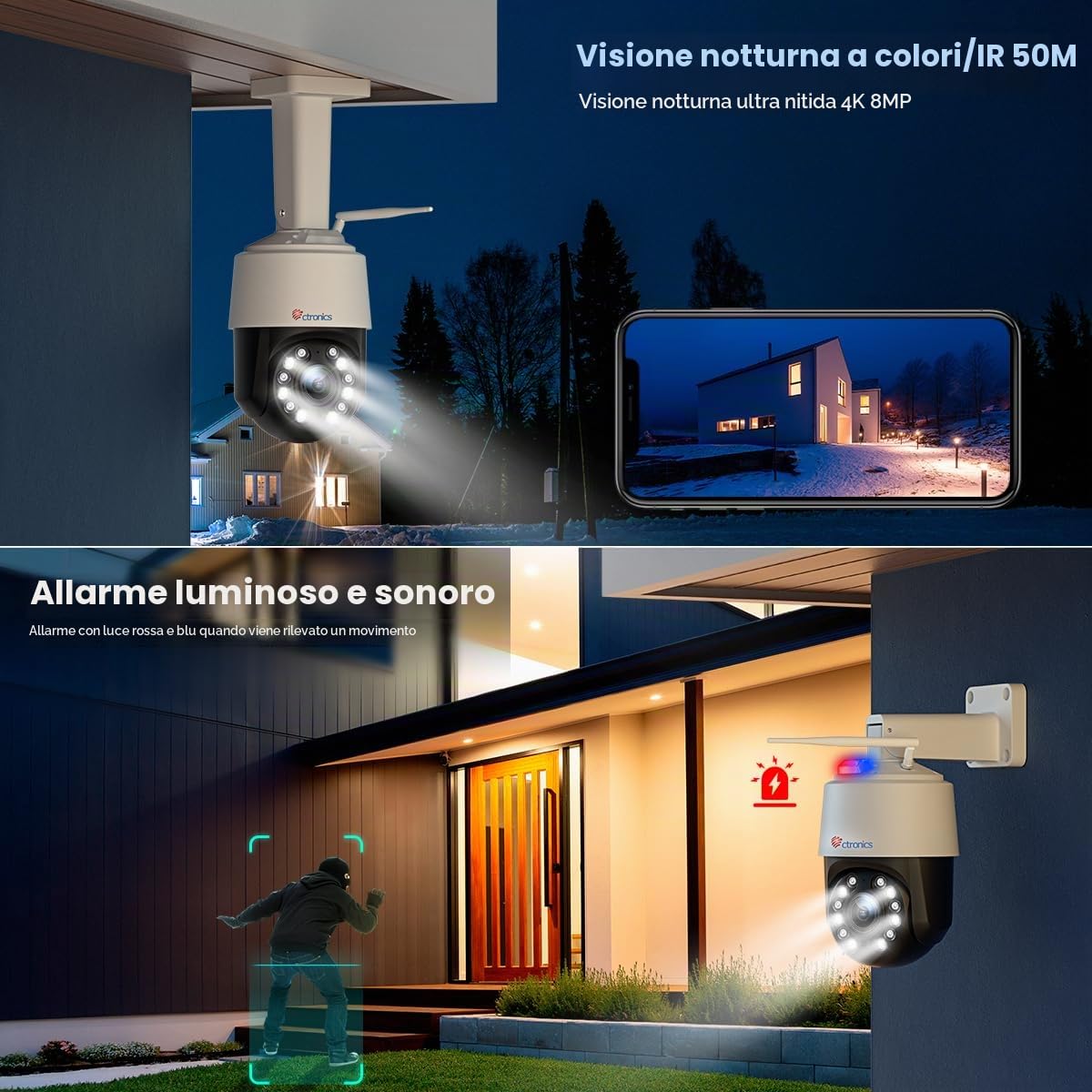 Ctronics 4K 8MP 5X Zoom Ottico Telecamera Wi-Fi Esterno | 2,4/5Ghz Rilevamento Persone/Veicoli/Animali Auto Tracking 50M Visione Notturna a Colori Audio a 2 Vie Metal/Cloud
