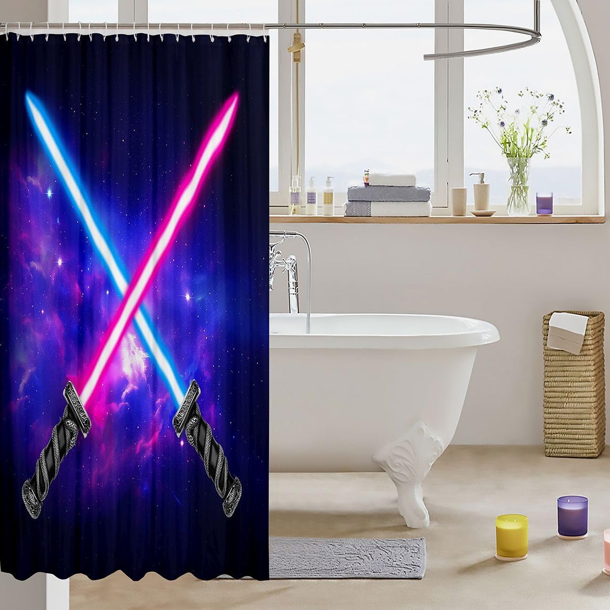 Manfei Kids Lightsaber Shower Curtains Light Saber Sword Bathroom Curtains for Boys Teen Room Decor, Blue Purple Starry Sky Waterproof Bath Curtains with 12 Hooks Suits for Bathtub, 72" W x 84" L