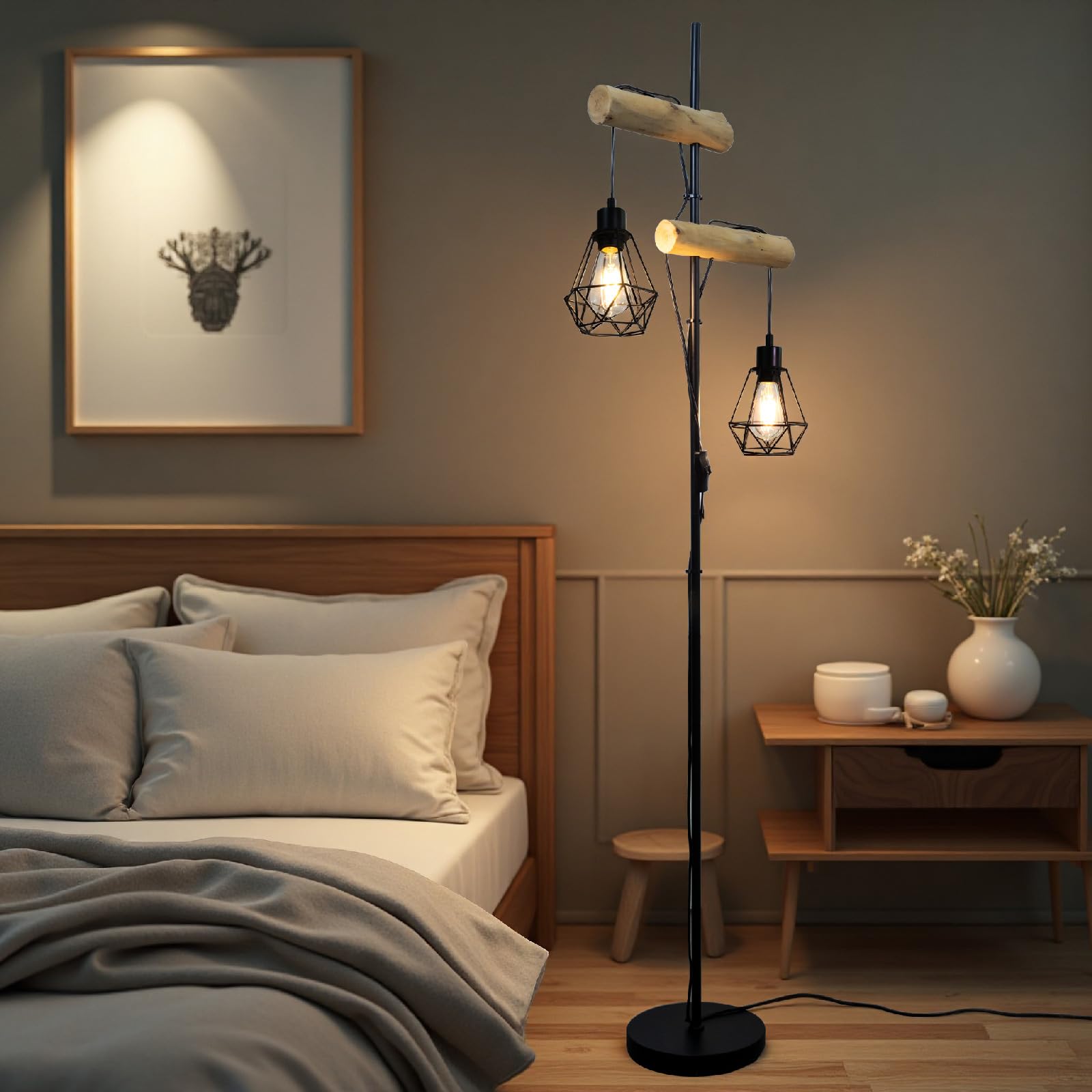 Industrielle Stehlampen 2-flammig E27 LED Glühbirne, Vintage rustikal Design mit Natür Holz und Schwarzem Metall, für Wohnzimmer esszimmer flur