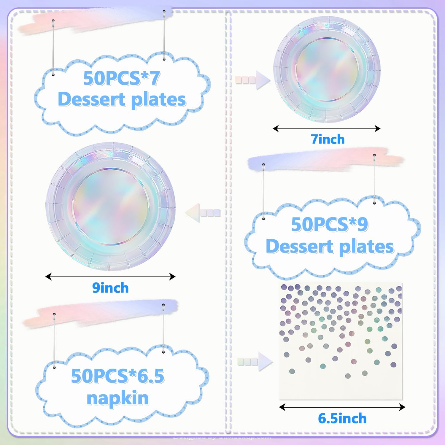 150 PCS Iridescent Party Supplies, Holographic Disposable Paper Plates Napkins, Iridescent Rainbow Tableware Set for Bachelorette Wedding Birthday Baby Shower Party Decor Supplies, Serves 50 Guests