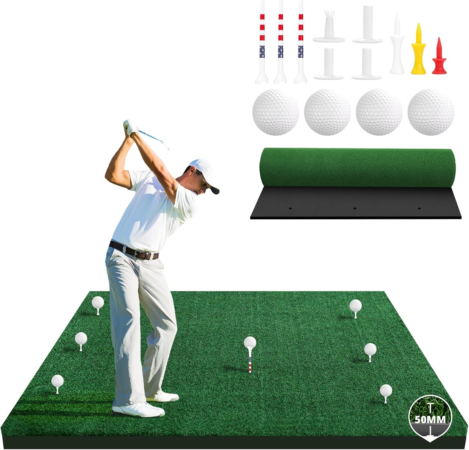 Golf Hitting Mat 4x5 FT, 35mm Nylon Grass & 15mm Cushioned EVA Base with 4 Balls, 4 Patented Multi-Function Ball Tees & 6 Ball Studs, Lightweight for Indoor/Outdoor/Simulator, 500000 Shots
