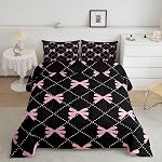 Feelyou Cute Bowknot Comforter Ribbon Bow Tie Bedding Set for Kids Boys Girls Dreamy Princess Comforter Set Black and Pink Quilt Set with 1 Pillowcase 2Pcs Bedding Twin