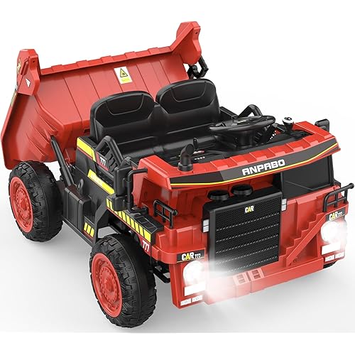 ANPABO Ride on Dump Truck, 12V Ride on Car with Remote Control, Electric Dump Bed and Extra Shovel, Ride on Construction Vehicle with Music Player, Key Start for Safety, Ideal for Kids