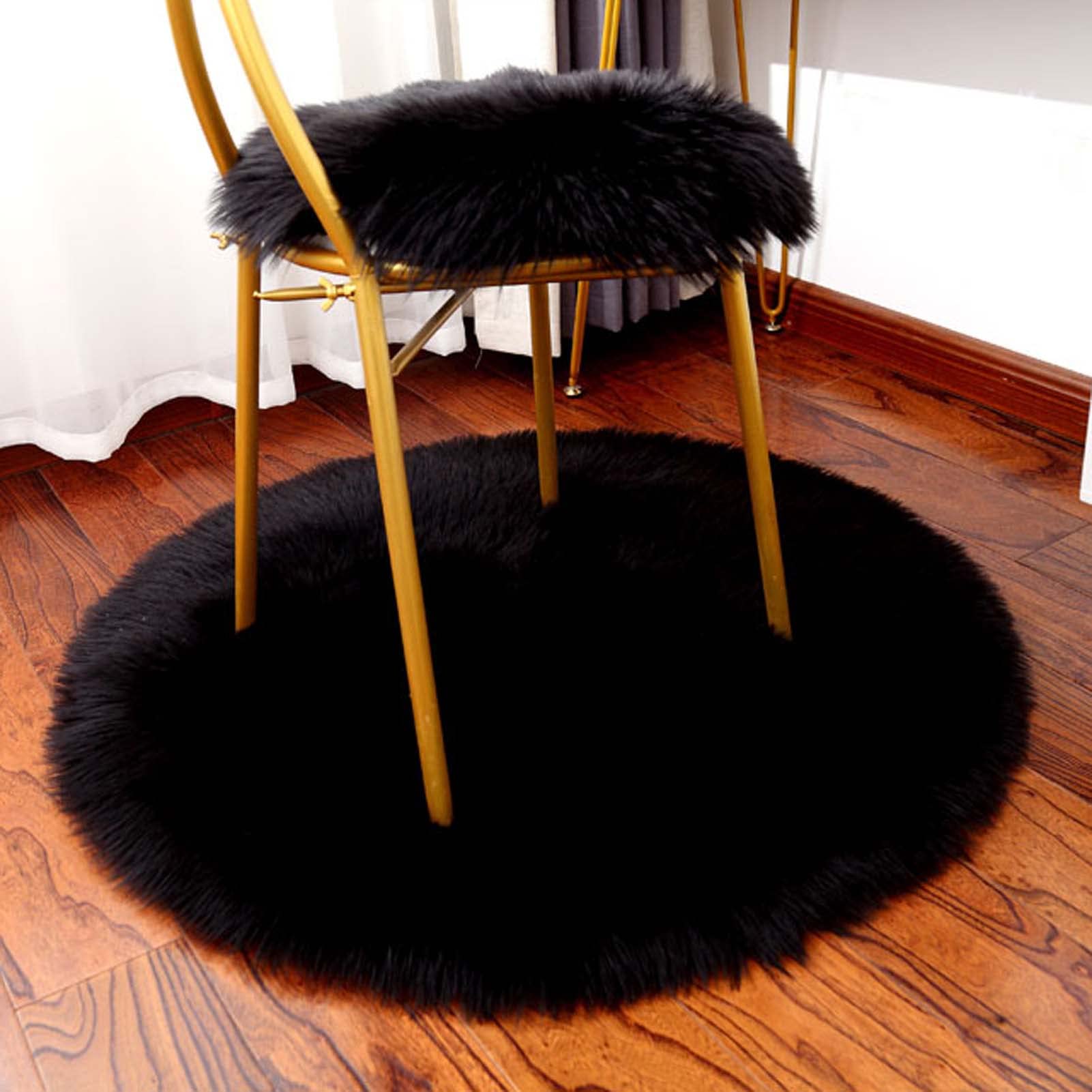 Runder Kunstfell-Teppich aus Schaffell, 140 cm, weicher, flauschiger Kreis-Teppich für Schlafzimmer, schwarzer Fell-Überwurf für Wohnzimmer, flauschiger Plüschteppich