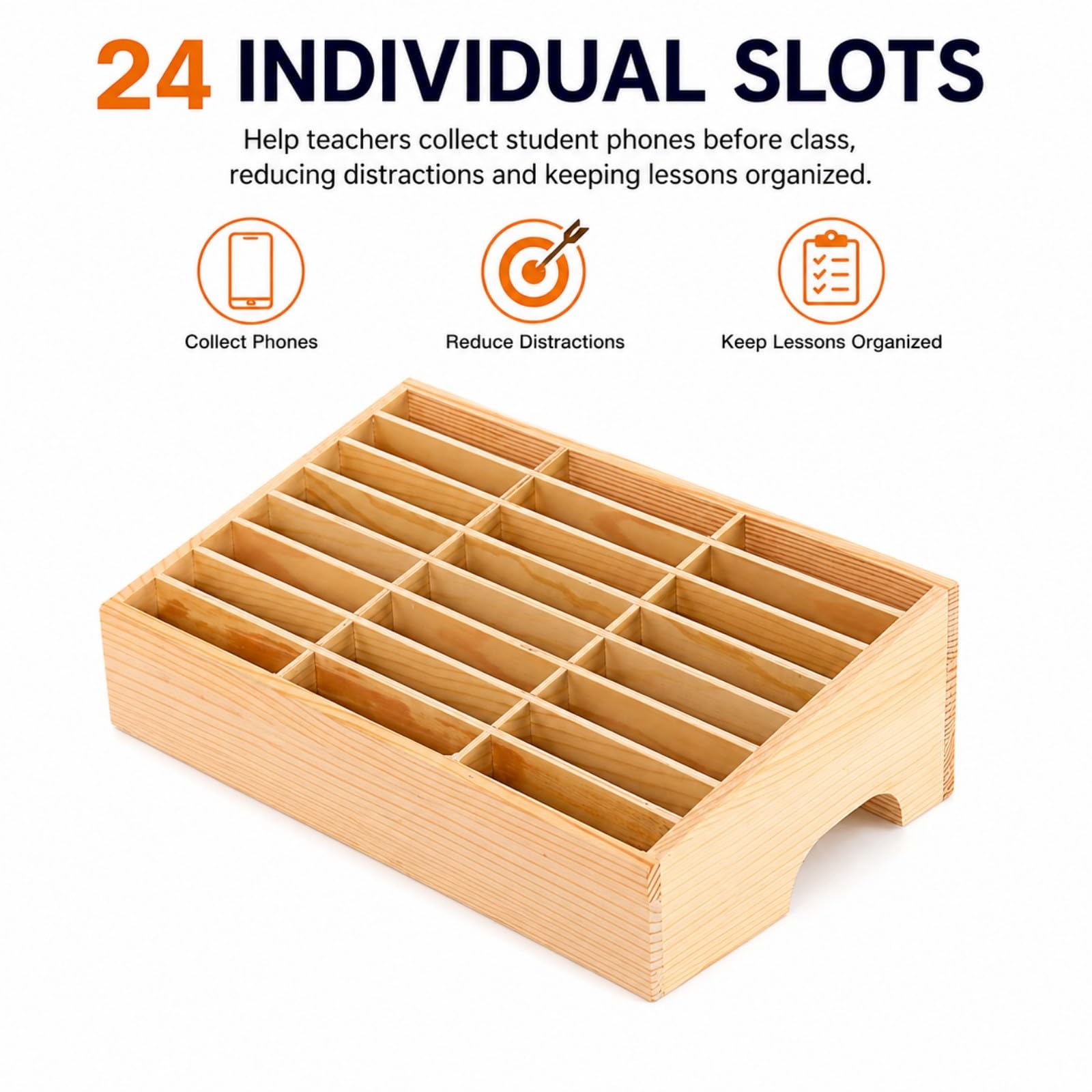 XICHENGSHIDAI Caja de almacenamiento de madera para teléfono móvil con 24 compartimentos, organizador de escritorio para profesores, escuelas, oficinas, reuniones, calculadoras, bolígrafos y