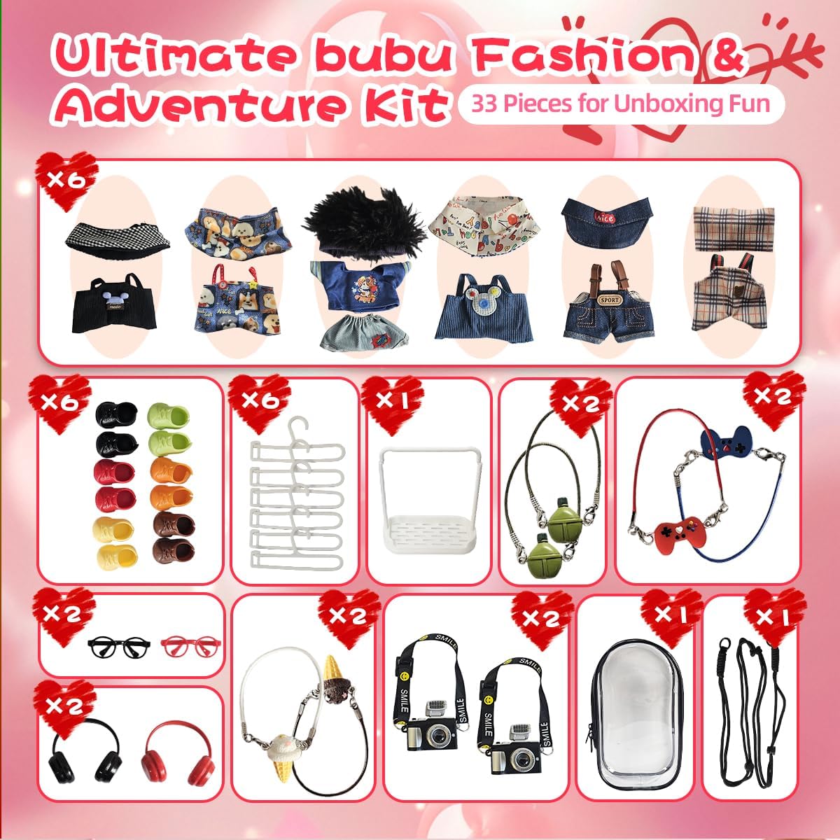 33 Pack Compatible for Labubu Clothes Outfits,Premium Labubu Accessories Case Shoes for 17cm Dolls,Labubu Birthday Party Decoration- Includes 6-Pack Doll Clothes Sets,Camera,Sunglasses