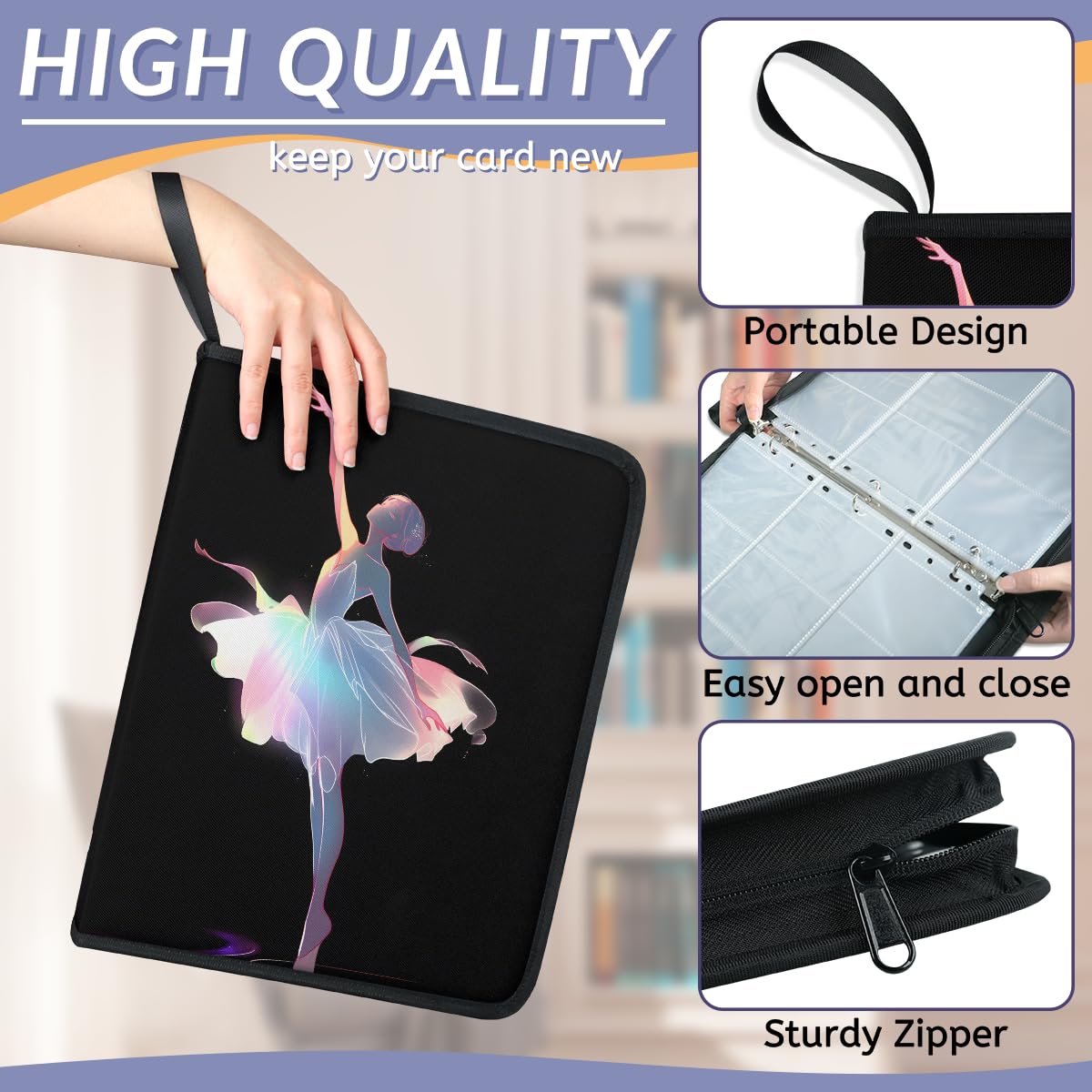 Raccoglitore di carte con 9 tasche, 900 tasche, raccoglitore per carte collezionabili con chiusura a cerniera (gonna da ballo colorata per ragazza)