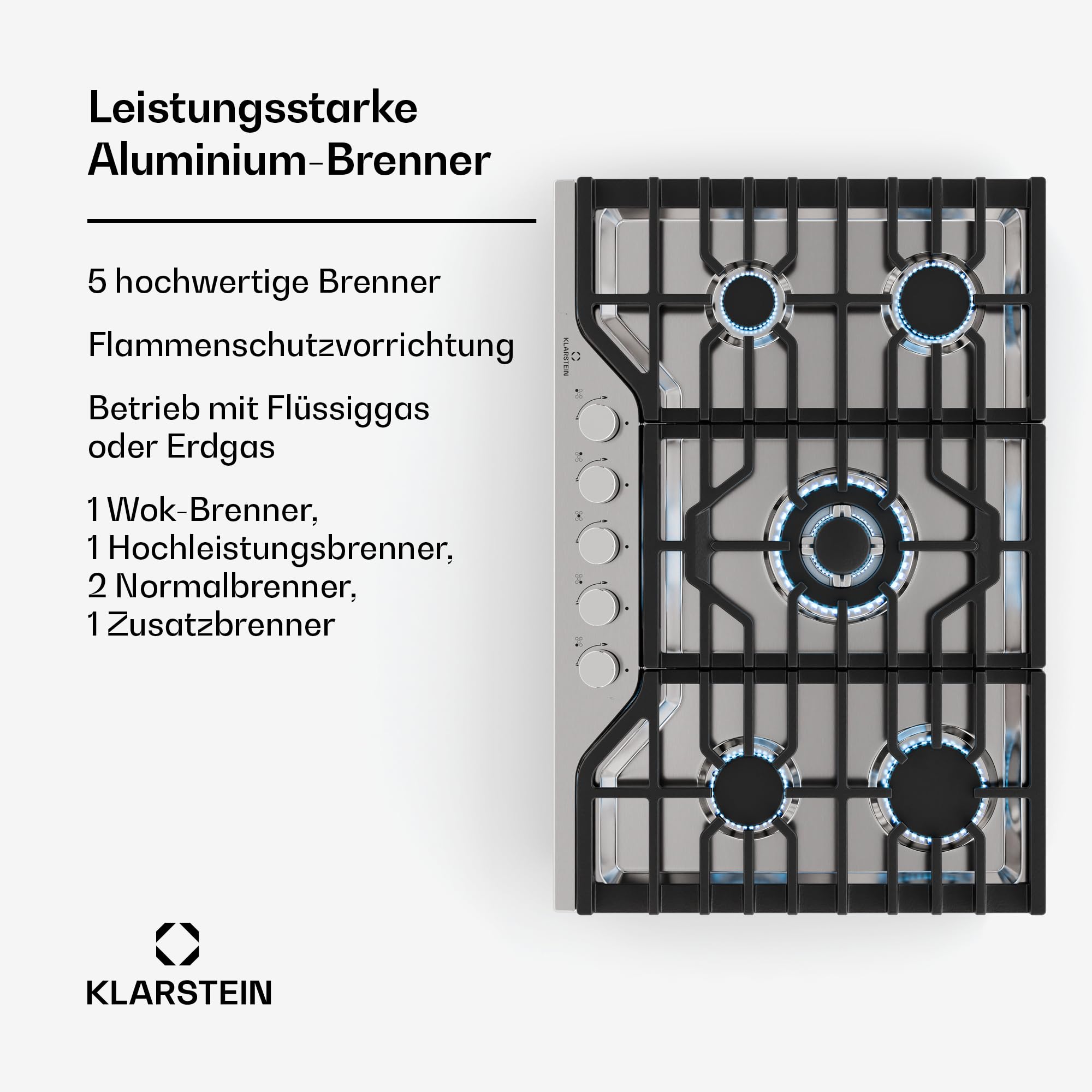 Klarstein Turbocast Gaskochfeld - 5-Brenner Edelstahl 304, 3,4 kW Wokbrenner, Gusseiserne Pfannenhalter, Elektrische Zündung, Sicherheitsabschaltung, LPG-Umrüstsatz, Gasherd, 750x500 mm