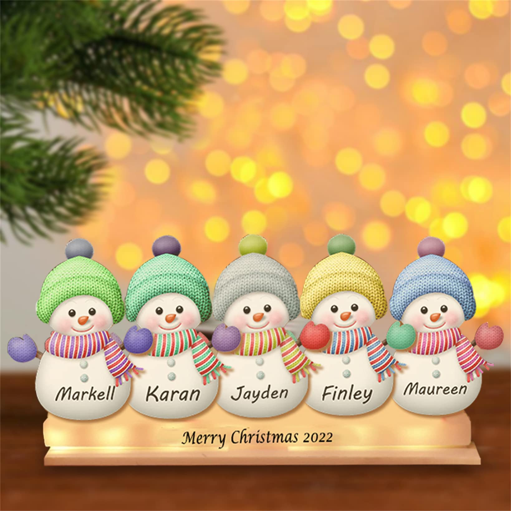 Collienght Personalized Snowman Acrylic Lights with Wooden Base Custom 1-8 Names Family LED Lamp USB Night Light Christmas Decor for Family Couple (Snowman Family Acrylic Lights) — image 1