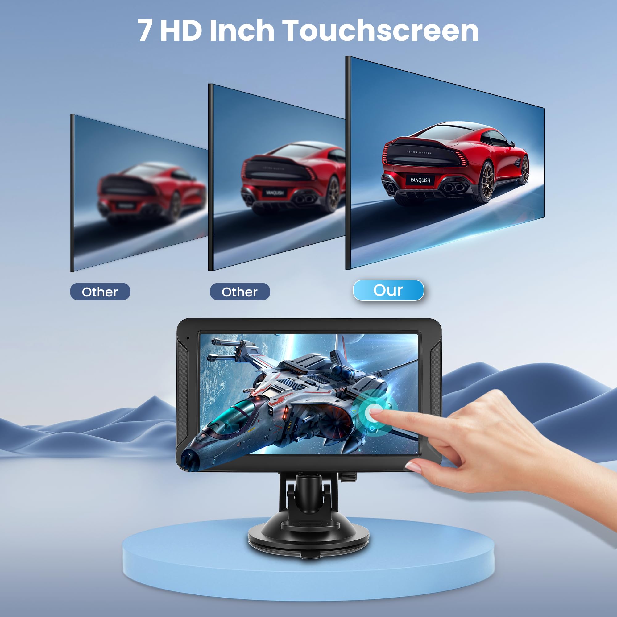Rimoody Przenośny radio samochodowe 7 cali z funkcją CarPlay i Android Auto Wireless - ekran dotykowy IPS HD, AirPlay/Android Cast, nadajnik FM, Bluetooth do samochodu
