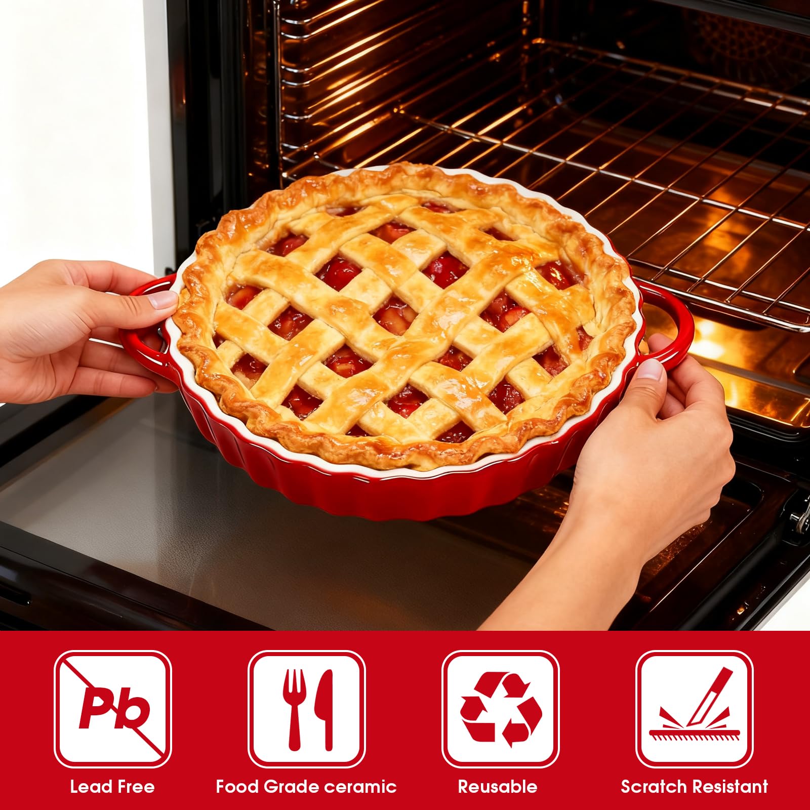 IIRC Teglia per torta in ceramica con manici, 26 x 21 x 5 cm, rotonda, in ceramica, per quiche, tartes (rosso)