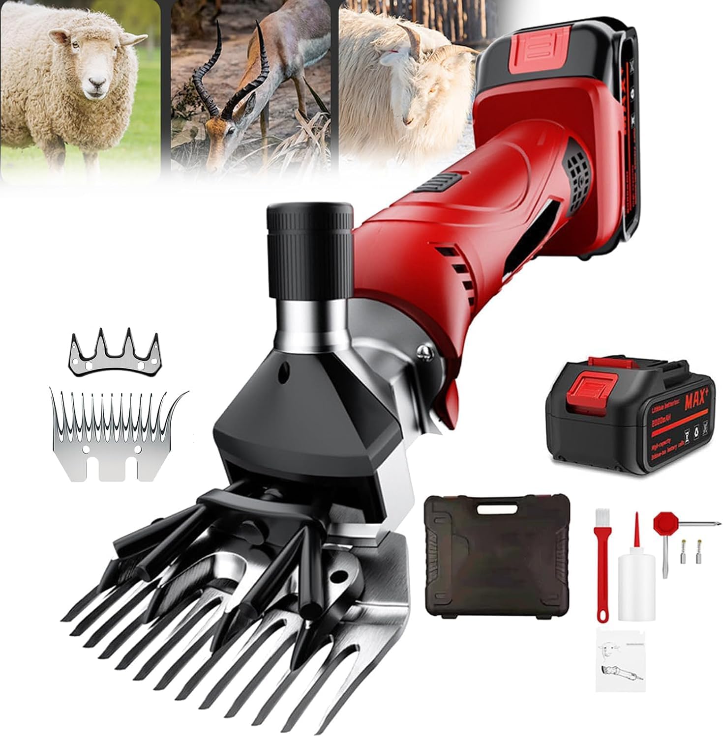 Forbici per pecore senza fili da 500 W per bestiame e animali domestici, con batteria e lame incluse. (13TOOTHCURVEDKNIFE)