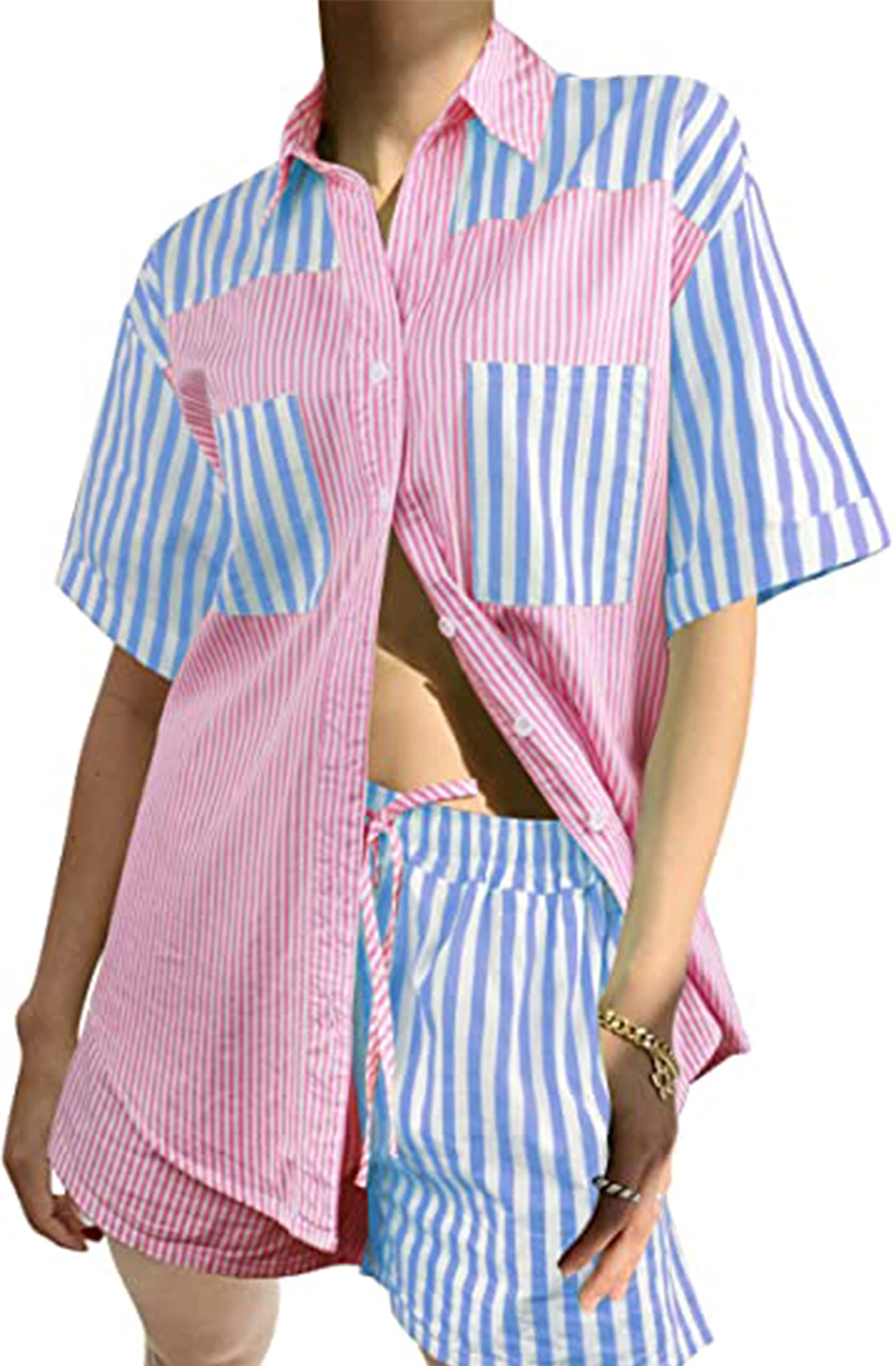 SAFRISIORWomen Solid Two Pieces Loungewear Loose Solid Sleepwear Casual Short Sleeve Cardigan Shirt And Shorts Set Outfits, Short#pink Blue, Small