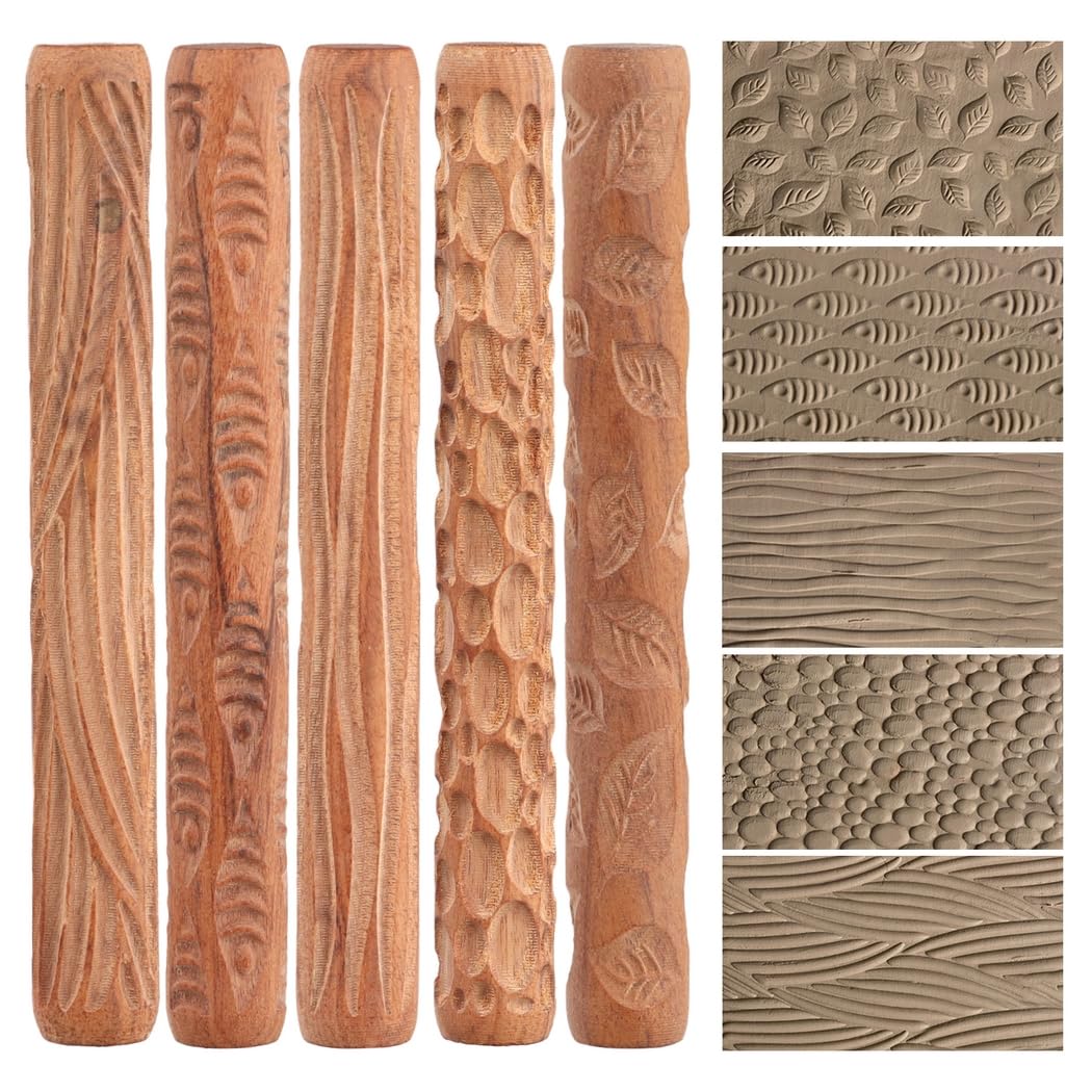 5 rodillos de patrón de modelado de arcilla, hojas de pescado de grano de madera, adoquines y texturas onduladas, rodillos de mano de madera para manualidades de cerámica, herramientas de escultura
