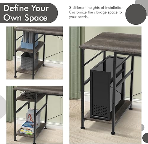 Miniatura 7 de Escritorio para computadora de 55 pulgadas, mesa esquinera reversible en forma de L con estantes extraíbles, toma de corriente, gancho para