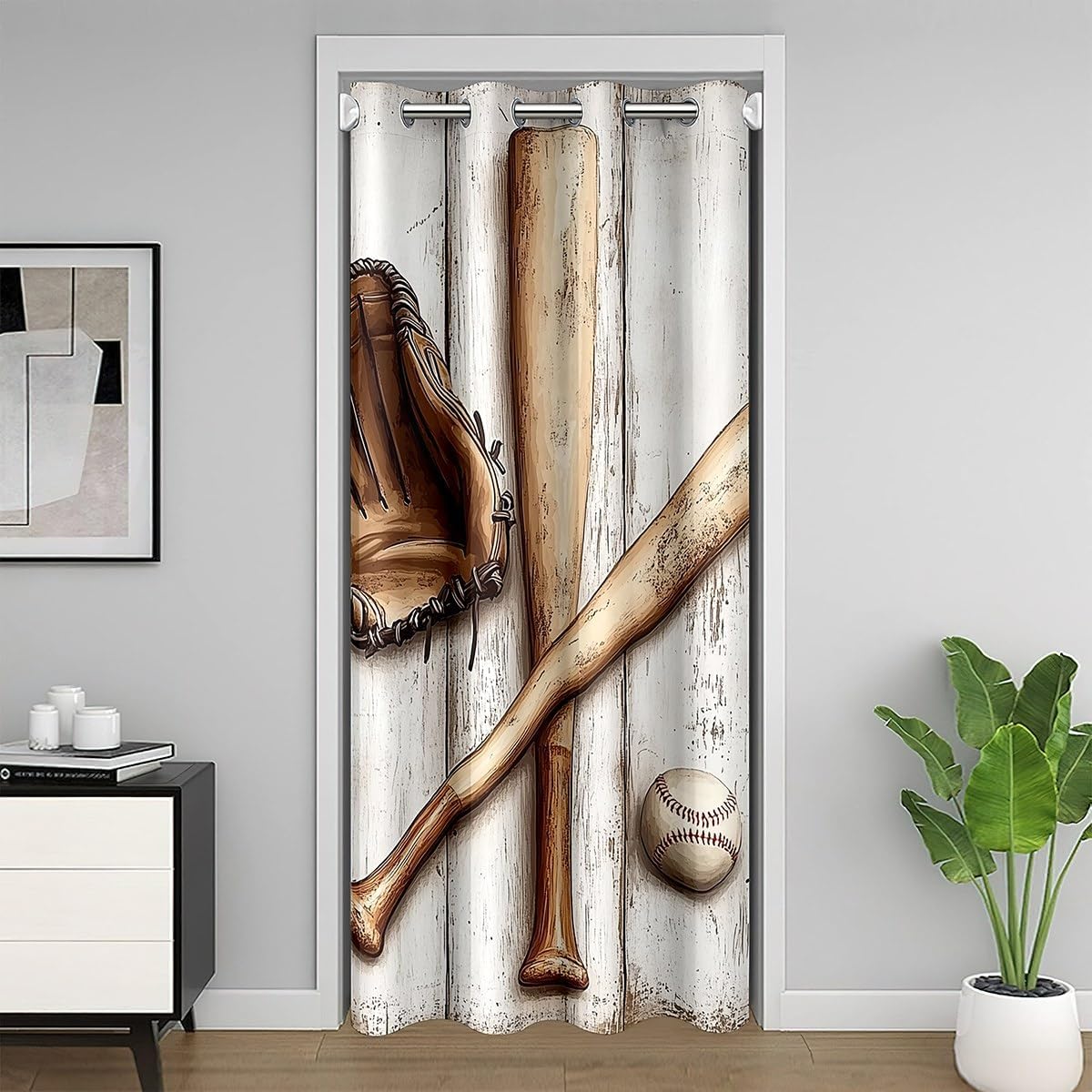 Baseball Door Curtain for Doorway Privacy 59x80 Inch 1 Panel Kids Baseball Gaming Rustic Wooden Closet Door Cover Boys Girls Teens Ball Bat Glove Darkening Curtain Gift for Baseball Lover