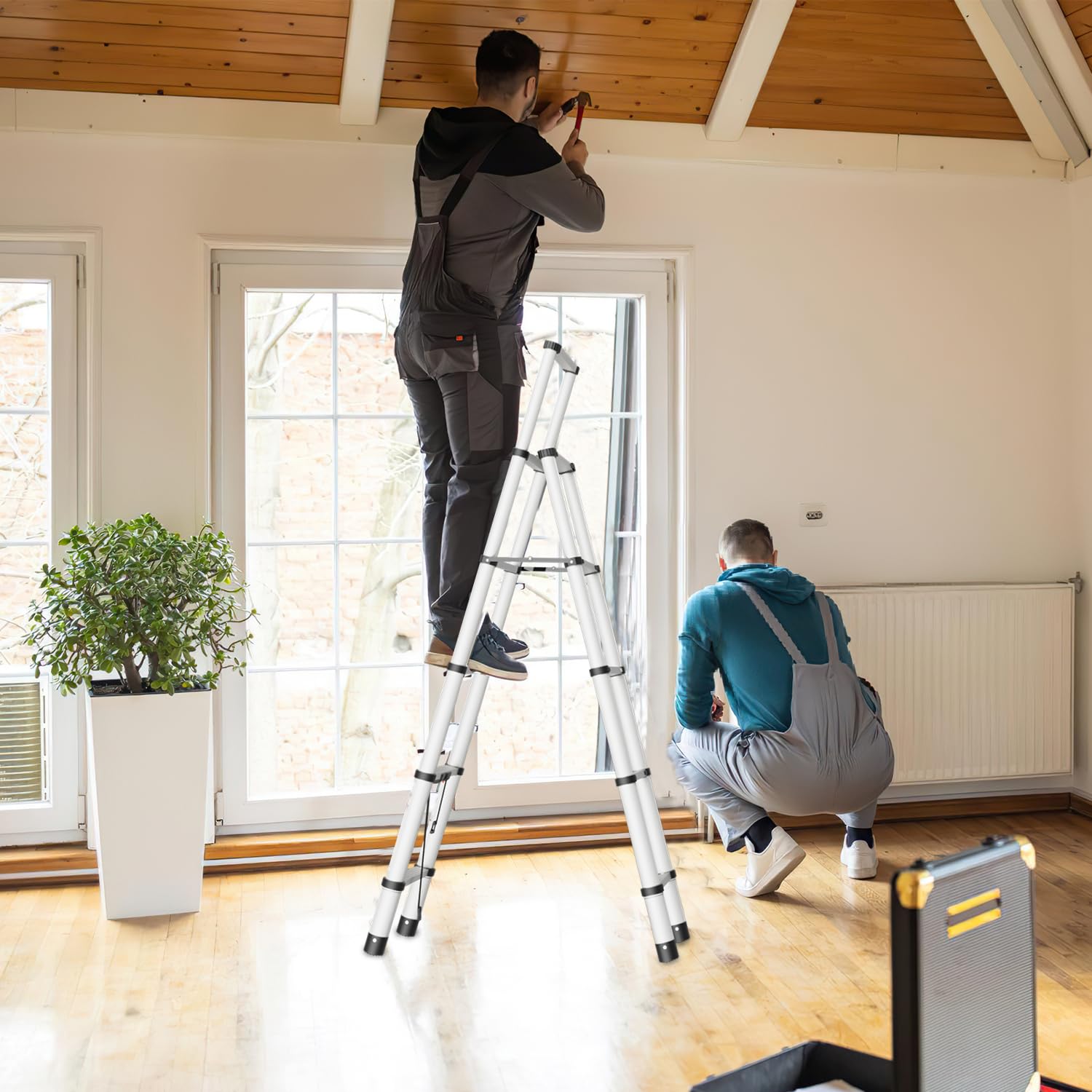 2,0m + 2,3m Klappleiter Teleskop Klappbar Teleskopleiter Aluminiumleiter Ausziehleiter Teleskopleiter Schiebeleiter Stehleiter Leiter Stabilität Maximale Tragkraft von 150kg Gerüstleiter