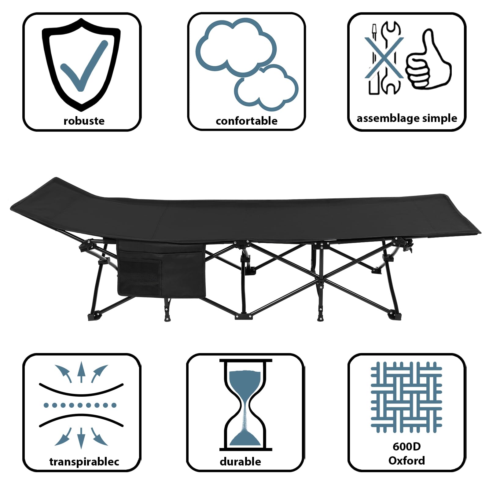 ALPIDEX Lit Camp Jusqu'à 200 kg Confortable Robuste Coussin Moelleux Pliable Lit d'Invité Chaise Longue Camping Jardin Plage, Couleur:Black