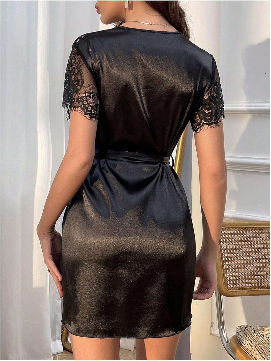 SHENHE Women's Satin Robe Lace Short Sleeve Bride Bridesmaid Wedding Party Robe Kimono Sleepwear - Image 2